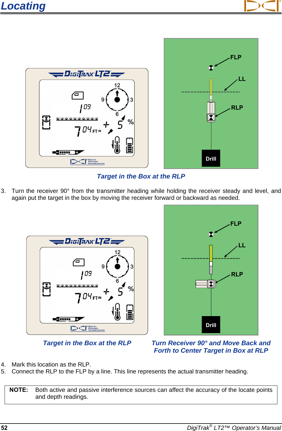 Locating     DrillLLFLPRLP Target in the Box at the RLP 3.  Turn the receiver 90° from the transmitter heading while holding the receiver steady and level, and again put the target in the box by moving the receiver forward or backward as needed.     DrillLLFLPRLP   Target in the Box at the RLP  Turn Receiver 90° and Move Back and      Forth to Center Target in Box at RLP  4.  Mark this location as the RLP.  5.  Connect the RLP to the FLP by a line. This line represents the actual transmitter heading.   NOTE:  Both active and passive interference sources can affect the accuracy of the locate points and depth readings. 52  DigiTrak® LT2™ Operator’s Manual 