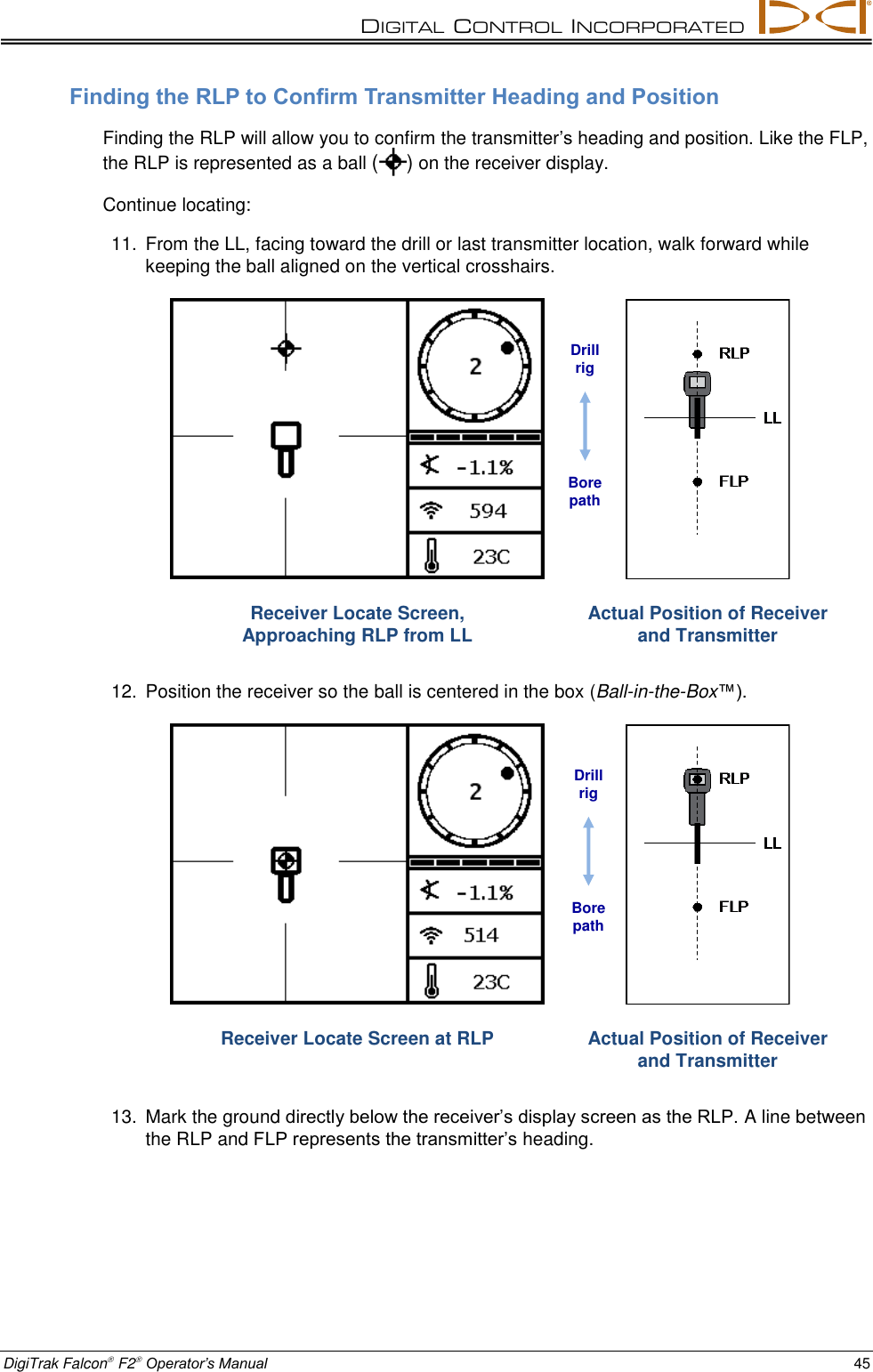 DIGITAL  CONTROL  INCORPORATED  DigiTrak Falcon F2 Operator’s Manual 45 Finding the RLP to Confirm Transmitter Heading and Position Finding the RLP will allow you to confirm the transmitter’s heading and position. Like the FLP, the RLP is represented as a ball ( ) on the receiver display. Continue locating: 11.  From the LL, facing toward the drill or last transmitter location, walk forward while keeping the ball aligned on the vertical crosshairs.  Receiver Locate Screen,  Approaching RLP from LL  Actual Position of Receiver and Transmitter 12.  Position the receiver so the ball is centered in the box (Ball-in-the-Box™).  Receiver Locate Screen at RLP  Actual Position of Receiver and Transmitter 13.  Mark the ground directly below the receiver’s display screen as the RLP. A line between the RLP and FLP represents the transmitter’s heading. Drill rig Bore path Drill rig Bore path 