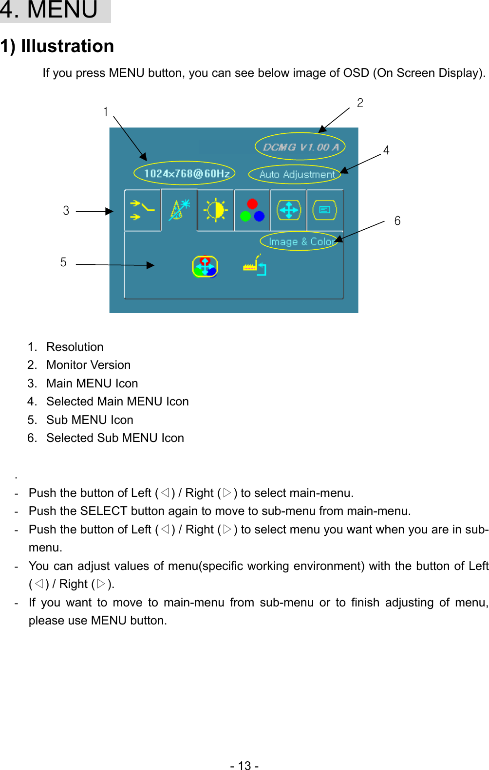 4. MENU   1) Illustration If you press MENU button, you can see below image of OSD (On Screen Display).    4 6 3 2 1          5     1. Resolution 2. Monitor Version 3.  Main MENU Icon 4.  Selected Main MENU Icon 5.  Sub MENU Icon 6.  Selected Sub MENU Icon  . -  Push the button of Left (◁) / Right (▷) to select main-menu. -  Push the SELECT button again to move to sub-menu from main-menu. -  Push the button of Left (◁) / Right (▷) to select menu you want when you are in sub-menu. -  You can adjust values of menu(specific working environment) with the button of Left (◁) / Right (▷). -  If you want to move to main-menu from sub-menu or to finish adjusting of menu, please use MENU button.       - 13 - 