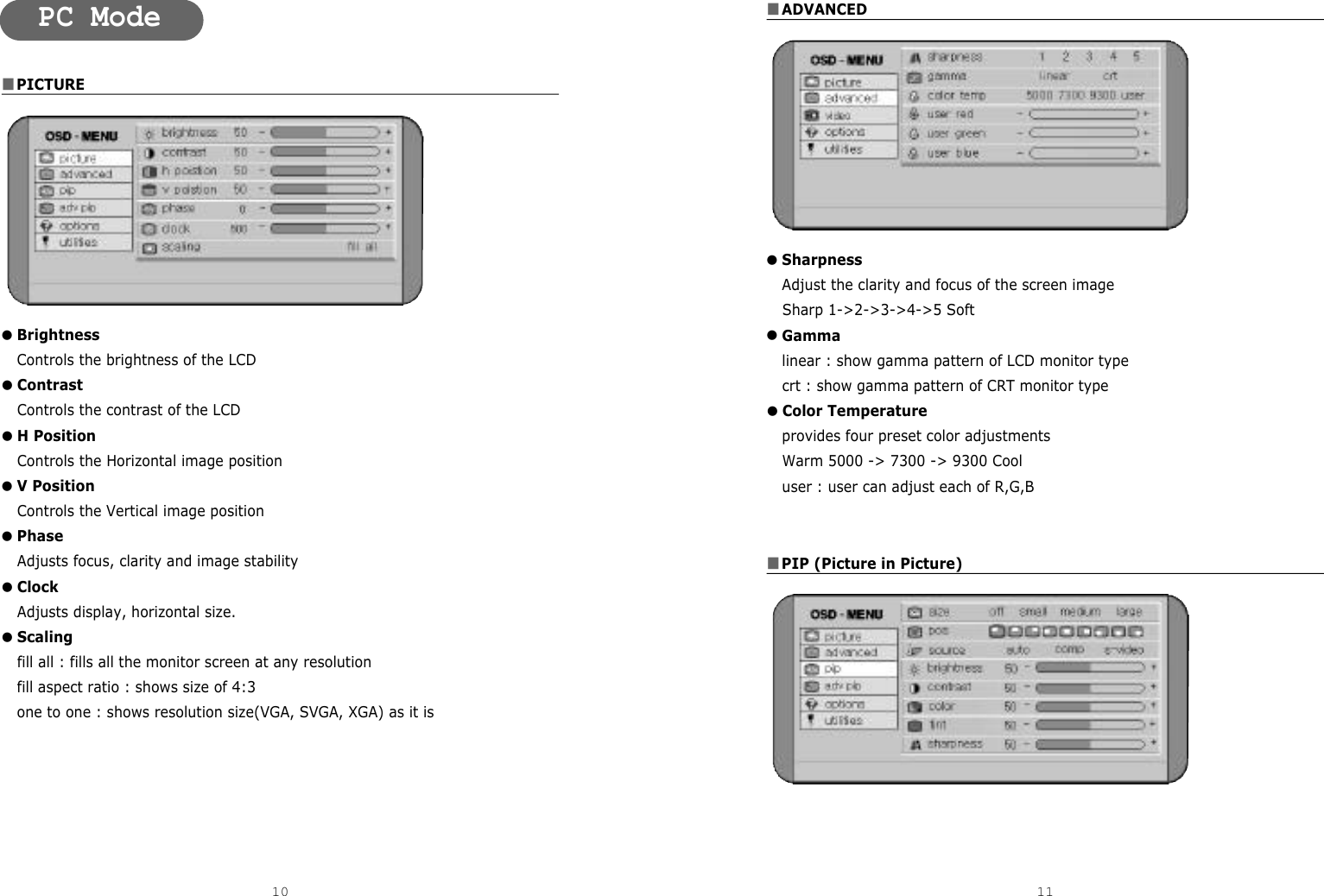 ■ADVANCED●SharpnessAdjust the clarity and focus of the screen image Sharp 1-&gt;2-&gt;3-&gt;4-&gt;5 Soft●Gammalinear : show gamma pattern of LCD monitor typecrt : show gamma pattern of CRT monitor type●Color Temperatureprovides four preset color adjustmentsWarm 5000 -&gt; 7300 -&gt; 9300 Cooluser : user can adjust each of R,G,B■PIP (Picture in Picture)■PICTURE●BrightnessControls the brightness of the LCD●ContrastControls the contrast of the LCD●H PositionControls the Horizontal image position ●V PositionControls the Vertical image position ●PhaseAdjusts focus, clarity and image stability●ClockAdjusts display, horizontal size.●Scalingfill all : fills all the monitor screen at any resolutionfill aspect ratio : shows size of 4:3one to one : shows resolution size(VGA, SVGA, XGA) as it is10 11PC Mode