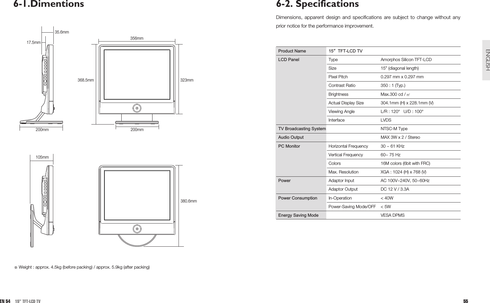 6-2. SpecificationsDimensions, apparent design and specifications are subject to change without anyprior notice for the performance improvement.Product Name 15”TFT-LCD TVLCD Panel Type Amorphos Silicon TFT-LCDSize 15” (diagonal length)Pixel Pitch 0.297 mm x 0.297 mmContrast Ratio 350 : 1 (Typ.)Brightness Max.300 cd /Actual Display Size 304.1mm (H) x 228.1mm (V)Viewing Angle L/R : 120° U/D : 100°Interface LVDSTV Broadcasting System NTSC-M TypeAudio Output MAX 3W x 2 / StereoPC Monitor Horizontal Frequency 30 ~ 61 KHzVertical Frequency 60~ 75 HzColors 16M colors (6bit with FRC)Max. Resolution XGA : 1024 (H) x 768 (V)Power Adaptor Input AC 100V~240V, 50~60HzAdaptor Output DC 12 V / 3.3APower Consumption In-Operation &lt; 40WPower-Saving Mode/OFF &lt; 5WEnergy Saving Mode VESA DPMS55ENGLISHEN 54 15” TFT-LCD TV6-1.DimentionsWeight : approx. 4.5kg (before packing) / approx. 5.9kg (after packing)35.6mm17.5mm 356mm200mm200mm368.5mm 323mm105mm380.6mm