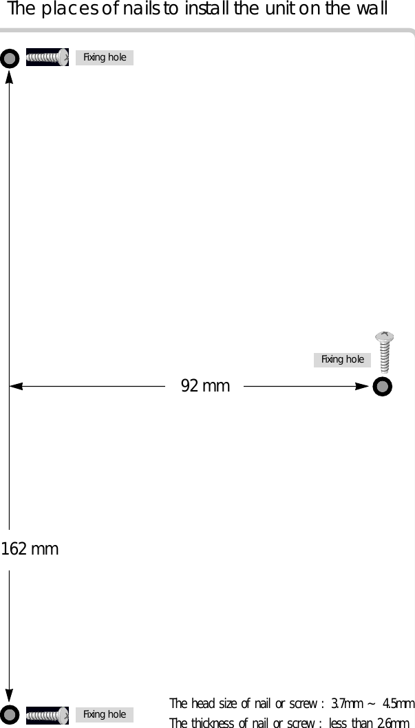 162 mm92 mmThe places of nails to install the unit on the wallThe head size of nail or screw : 3.7mm ~ 4.5mmThe thickness of nail or screw : less than 2.6mmFixing holeFixing holeFixing hole