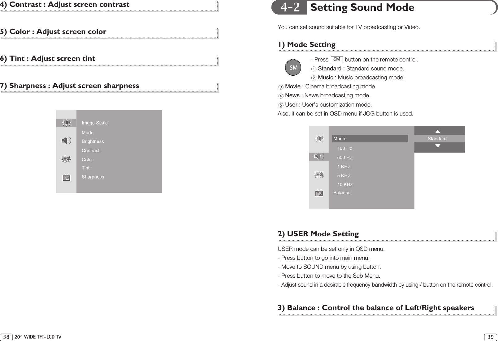 4-2 Setting Sound ModeYou can set sound suitable for TV broadcasting or Video.1) Mode Setting- Press  button on the remote control.Standard : Standard sound mode.Music : Music broadcasting mode.Movie : Cinema broadcasting mode.News : News broadcasting mode.User : User’s customization mode.Also, it can be set in OSD menu if JOG button is used.2) USER Mode SettingUSER mode can be set only in OSD menu.- Press button to go into main menu.- Move to SOUND menu by using button.- Press button to move to the Sub Menu.- Adjust sound in a desirable frequency bandwidth by using / button on the remote control.3) Balance : Control the balance of Left/Right speakersSM3938 20 WIDE TFT-LCD TV4) Contrast : Adjust screen contrast5) Color : Adjust screen color6) Tint : Adjust screen tint7) Sharpness : Adjust screen sharpness