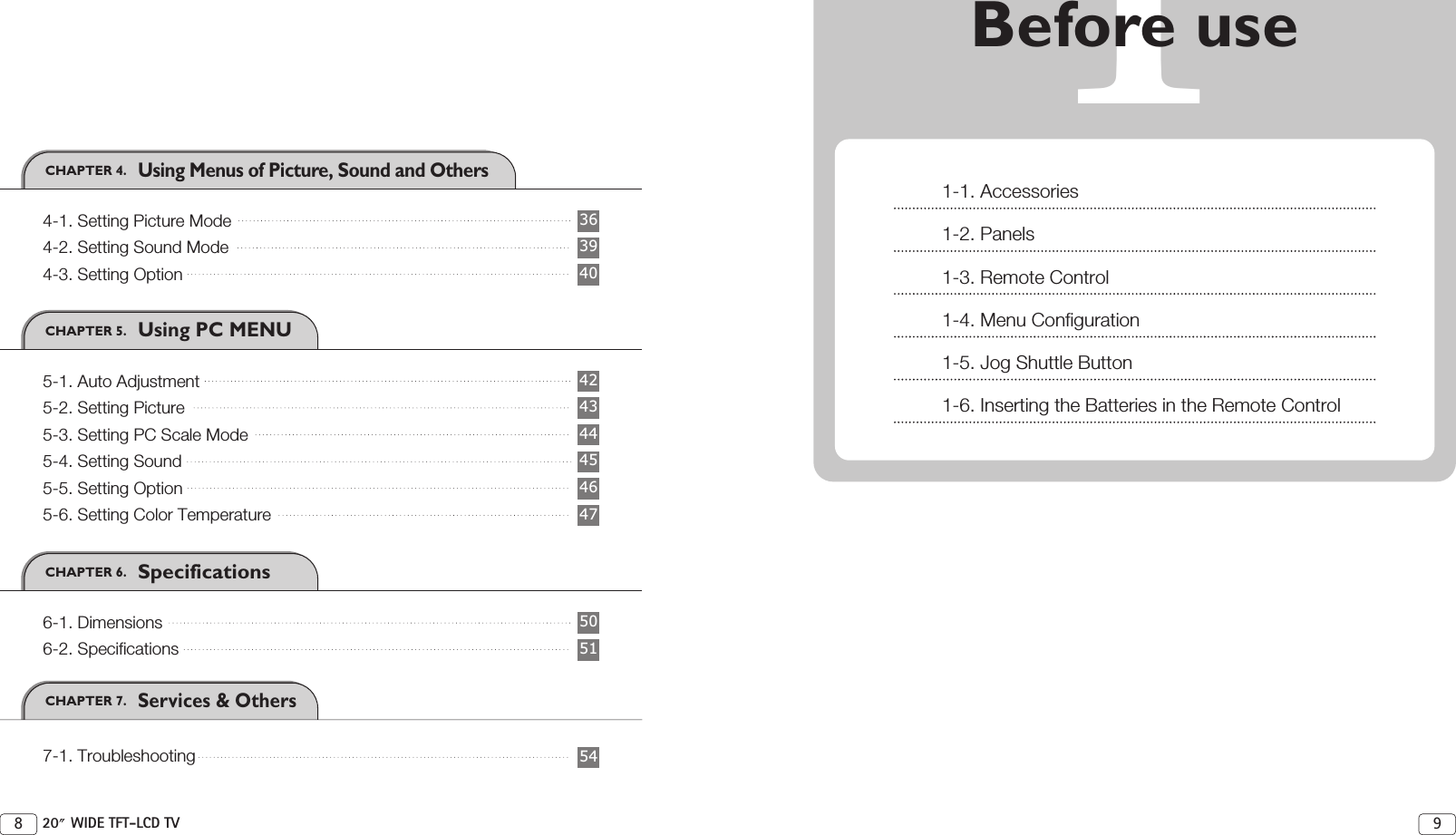 CHAPTER 4.   Using Menus of Picture, Sound and OthersCHAPTER 5.   Using PC MENUCHAPTER 6.   SpecificationsCHAPTER 7.   Services &amp; Others98 20 WIDE TFT-LCD TV1Before use1-1. Accessories1-2. Panels1-3. Remote Control1-4. Menu Configuration1-5. Jog Shuttle Button1-6. Inserting the Batteries in the Remote Control4-1. Setting Picture Mode4-2. Setting Sound Mode4-3. Setting Option5-1. Auto Adjustment5-2. Setting Picture5-3. Setting PC Scale Mode5-4. Setting Sound5-5. Setting Option5-6. Setting Color Temperature6-1. Dimensions6-2. Specifications7-1. Troubleshooting403936444342474645545150