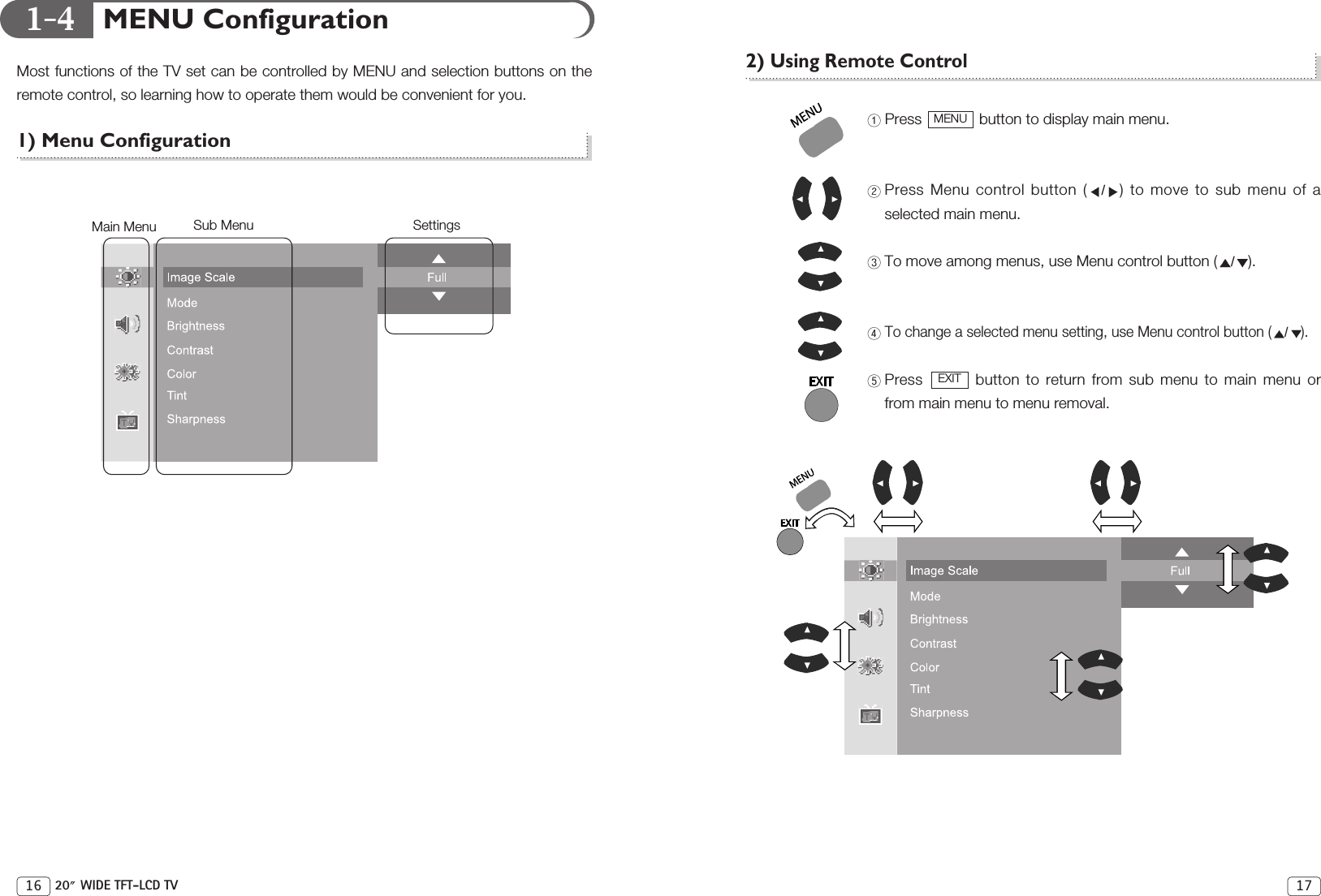 1-417MENU ConfigurationMost functions of the TV set can be controlled by MENU and selection buttons on theremote control, so learning how to operate them would be convenient for you.1) Menu Configuration16 20 WIDE TFT-LCD TV2) Using Remote ControlPress button to display main menu.Press Menu control button ( /) to move to sub menu of aselected main menu.To move among menus, use Menu control button ( /).To change a selected menu setting, use Menu control button ( /). Press  button to return from sub menu to main menu orfrom main menu to menu removal.EXITMENUMain Menu Sub Menu Settings