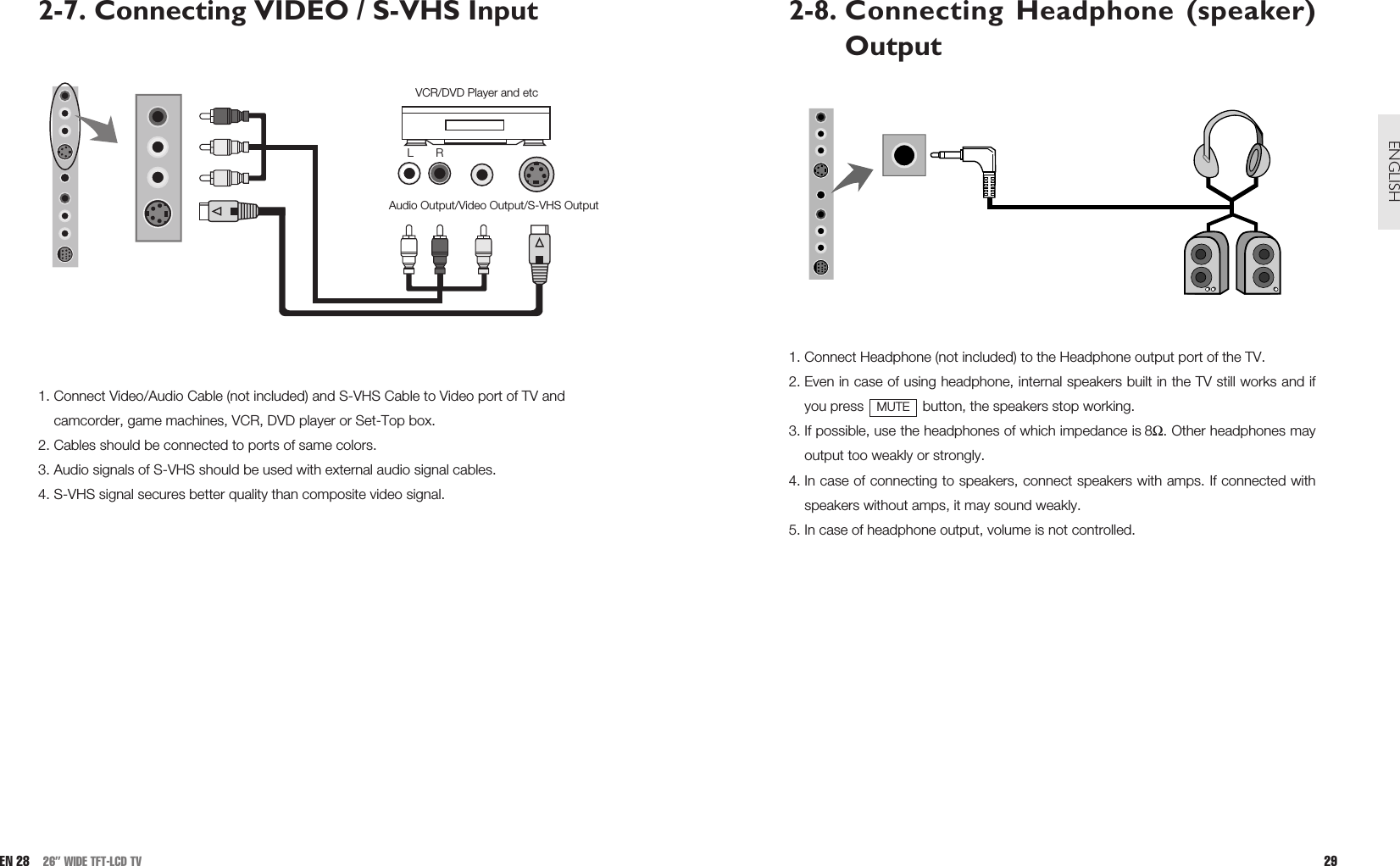 2-8. Connecting Headphone (speaker)Output1. Connect Headphone (not included) to the Headphone output port of the TV.2. Even in case of using headphone, internal speakers built in the TV still works and ifyou press  button, the speakers stop working. 3. If possible, use the headphones of which impedance is 8Ω. Other headphones mayoutput too weakly or strongly.4. In case of connecting to speakers, connect speakers with amps. If connected withspeakers without amps, it may sound weakly. 5. In case of headphone output, volume is not controlled.MUTE29ENGLISH2-7. Connecting VIDEO / S-VHS Input1. Connect Video/Audio Cable (not included) and S-VHS Cable to Video port of TV andcamcorder, game machines, VCR, DVD player or Set-Top box. 2. Cables should be connected to ports of same colors.3. Audio signals of S-VHS should be used with external audio signal cables.4. S-VHS signal secures better quality than composite video signal.  EN 28 26” WIDE TFT-LCD TVAudio Output/Video Output/S-VHS OutputVCR/DVD Player and etcL       R