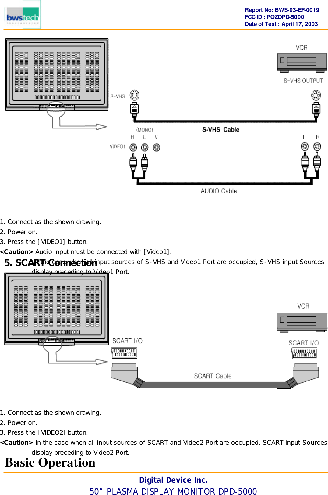      Report No: BWS-03-EF-0019 FCC ID : PQZDPD-5000 Date of Test : April 17, 2003 Digital Device Inc. 50” PLASMA DISPLAY MONITOR DPD-5000      5. SCART Connection      Basic Operation 1. Connect as the shown drawing. 2. Power on. 3. Press the [VIDEO1] button. &lt;Caution&gt; Audio input must be connected with [Video1].           In the case when all input sources of S-VHS and Video1 Port are occupied, S-VHS input Sources display preceding to Video1 Port. 1. Connect as the shown drawing. 2. Power on. 3. Press the [VIDEO2] button. &lt;Caution&gt; In the case when all input sources of SCART and Video2 Port are occupied, SCART input Sources display preceding to Video2 Port.  