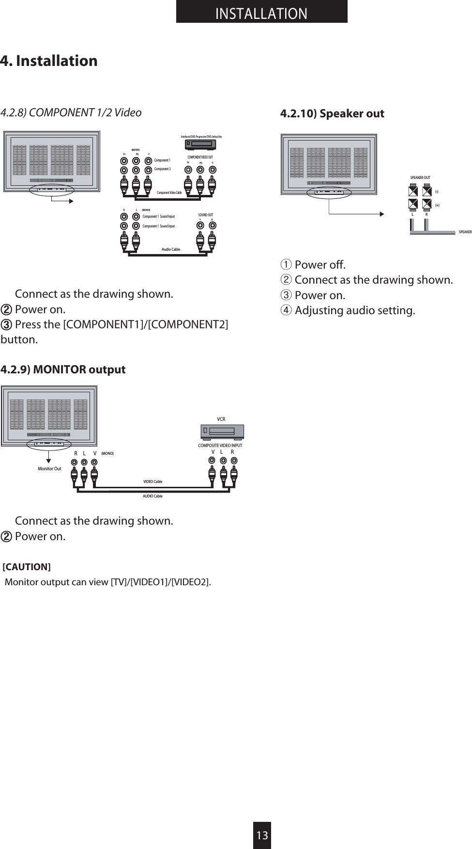 13INSTALLATION4. Installation4.2.8) COMPONENT 1/2 Video̺Connect as the drawing shown.̻Power on.̼Press the [COMPONENT1]/[COMPONENT2]button.4.2.9) MONITOR output̺Connect as the drawing shown.̻Power on.[CAUTION]Monitor output can view [TV]/[VIDEO1]/[VIDEO2].4.2.10) Speaker outྙPower off.ྚConnect as the drawing shown.ྛPower on.ྜAdjusting audio setting.GVIDEO CableCOMPOSITE VIDEO INPUTVCRPr Pb YComponent Video Cable(MONO)COMPONENT VIDEO OUTInterlaced DVD, Progressive DVD, Settop BoxComponent 1Component 2RLRLAudio Cable(MONO)SOUND OUTComponent 1 Sound InputComponent 1 Sound InputPr Pb YSPEAKER OUT(-)(+)LRSPEAKERMonitor OutRL V(MONO)AUDIO CableVL R