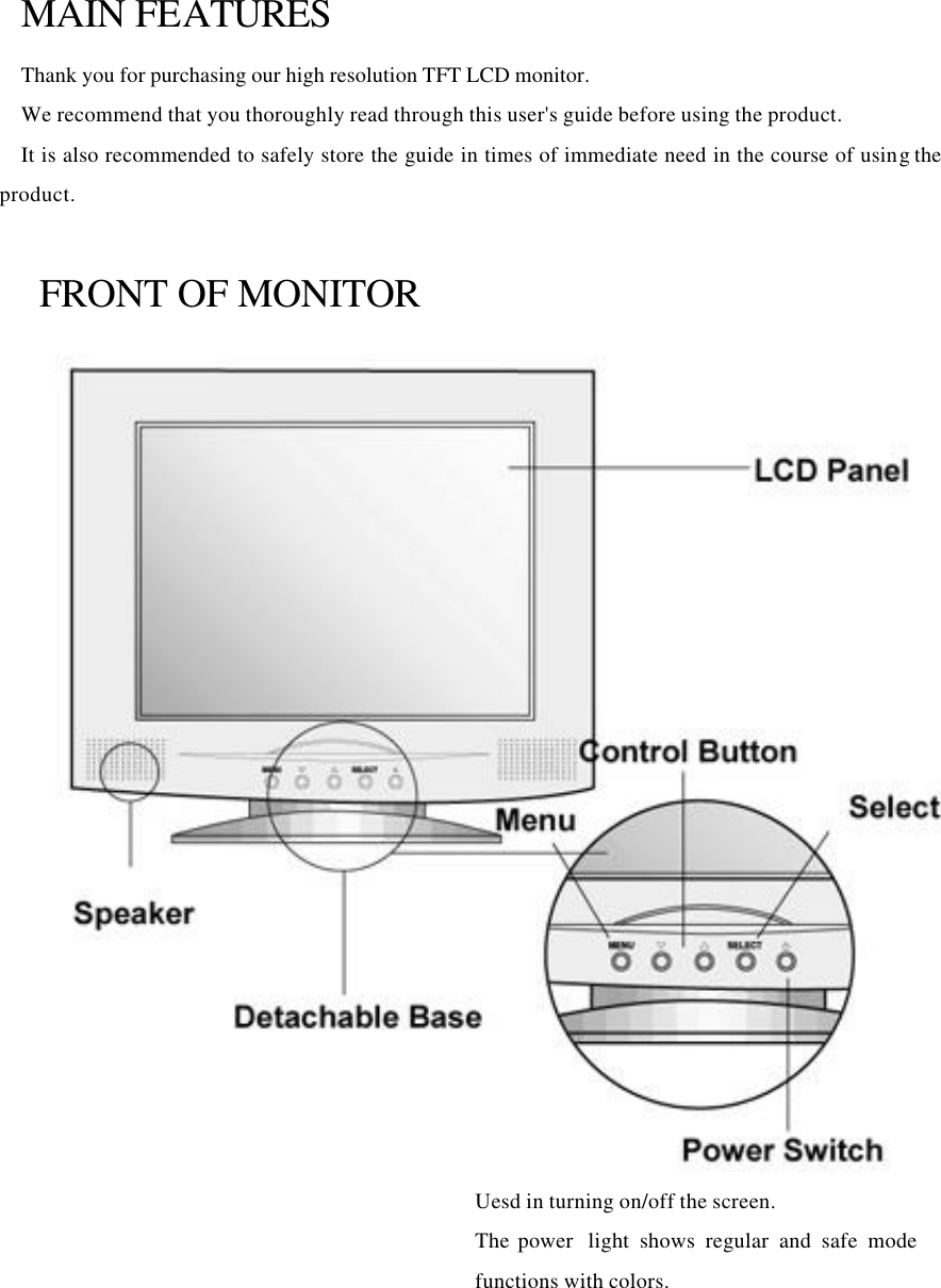 MAIN FEATURES Thank you for purchasing our high resolution TFT LCD monitor. We recommend that you thoroughly read through this user&apos;s guide before using the product. It is also recommended to safely store the guide in times of immediate need in the course of using the product.  FRONT OF MONITOR  Uesd in turning on/off the screen. The power light shows regular and safe mode functions with colors. 