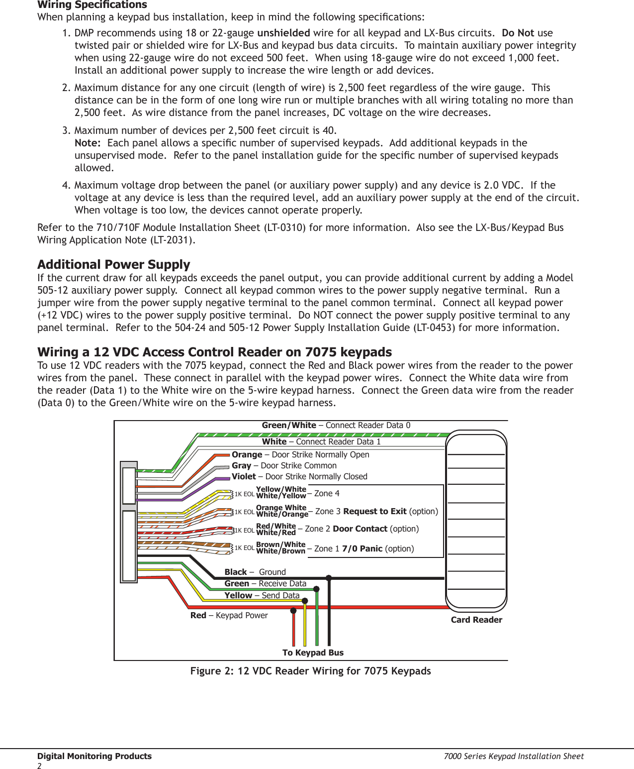 Digital Monitoring Products  7000 Series Keypad Installation Sheet27000 Series Keypad Installation Sheet  Digital Monitoring Products3Wiring SpecicationsWhen planning a keypad bus installation, keep in mind the following specications:1. DMP recommends using 18 or 22-gauge unshielded wire for all keypad and LX-Bus circuits.  Do Not use twisted pair or shielded wire for LX-Bus and keypad bus data circuits.  To maintain auxiliary power integrity when using 22-gauge wire do not exceed 500 feet.  When using 18-gauge wire do not exceed 1,000 feet.  Install an additional power supply to increase the wire length or add devices. 2. Maximum distance for any one circuit (length of wire) is 2,500 feet regardless of the wire gauge.  This distance can be in the form of one long wire run or multiple branches with all wiring totaling no more than 2,500 feet.  As wire distance from the panel increases, DC voltage on the wire decreases.3. Maximum number of devices per 2,500 feet circuit is 40.  Note:  Each panel allows a specic number of supervised keypads.  Add additional keypads in the unsupervised mode.  Refer to the panel installation guide for the specic number of supervised keypads allowed.  4. Maximum voltage drop between the panel (or auxiliary power supply) and any device is 2.0 VDC.  If the voltage at any device is less than the required level, add an auxiliary power supply at the end of the circuit.  When voltage is too low, the devices cannot operate properly.  Refer to the 710/710F Module Installation Sheet (LT-0310) for more information.  Also see the LX-Bus/Keypad Bus Wiring Application Note (LT-2031).    Additional Power SupplyIf the current draw for all keypads exceeds the panel output, you can provide additional current by adding a Model 505-12 auxiliary power supply.  Connect all keypad common wires to the power supply negative terminal.  Run a jumper wire from the power supply negative terminal to the panel common terminal.  Connect all keypad power (+12 VDC) wires to the power supply positive terminal.  Do NOT connect the power supply positive terminal to any panel terminal.  Refer to the 504-24 and 505-12 Power Supply Installation Guide (LT-0453) for more information. Wiring a 12 VDC Access Control Reader on 7075 keypadsTo use 12 VDC readers with the 7075 keypad, connect the Red and Black power wires from the reader to the power wires from the panel.  These connect in parallel with the keypad power wires.  Connect the White data wire from the reader (Data 1) to the White wire on the 5-wire keypad harness.  Connect the Green data wire from the reader (Data 0) to the Green/White wire on the 5-wire keypad harness. 1K EOL1K EOL1K EOL1K EOLGreen/White – Connect Reader Data 0White – Connect Reader Data 1Orange – Door Strike Normally OpenGray – Door Strike CommonViolet – Door Strike Normally ClosedYellow/WhiteWhite/YellowOrange White White/OrangeRed/White White/RedBrown/White White/BrownBlack –  GroundGreen – Receive DataYellow – Send Data Red – Keypad Power– Zone 4– Zone 3 Request to Exit (option)– Zone 2 Door Contact (option)– Zone 1 7/0 Panic (option)To Keypad BusCard ReaderFigure 2: 12 VDC Reader Wiring for 7075 Keypads