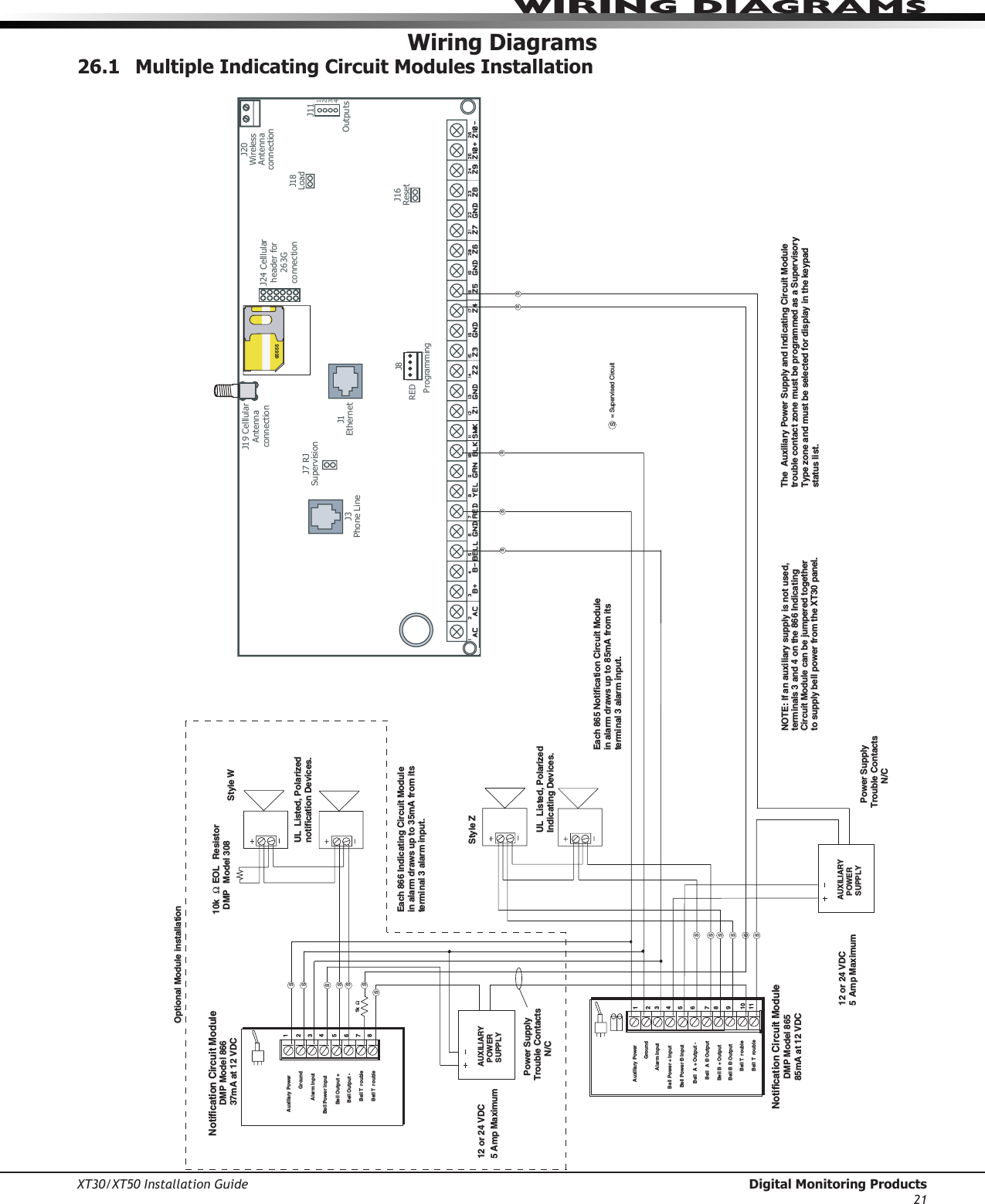 XT30/XT50 Installation Guide  Digital Monitoring Products21WIrInG dIaGramsWiring Diagrams26.1  Multiple Indicating Circuit Modules InstallationJ3Phone LineOutputsJ111 2 3 4J1EthernetJ16ResetJ20Wireless Antenna connectionJ7 RJ SupervisionJ24 Celllular header for 263G connectionJ19 Celllular Antenna connection65555J18LoadREDProgrammingJ8SAUXILIARY  POWER  SUPPLY12 or 24 VDC5 Amp Maximum  Power SupplyTrouble Contacts          N/CNOTE: If an auxiliary supply is not used,terminals 3 and 4 on the 866 IndicatingCircuit Module can be jumpered togetherto supply bell power from the XT30 panel.Each 866 Indicating Circuit Modulein alarm draws up to 35mA from itsterminal 3 alarm input.The Auxiliary Power Supply and Indicating Circuit Moduletrouble contact zone must be programmed as a SupervisoryType zone and must be selected for display in the keypadstatus list.= Supervised CircuitS12345678Auxiliary PowerGroundAlarm InputBell Power + InputBell Power Ð InputBell A + Output -Bell A Ð OutputBell B + OutputBell T roubleBell T roubleBell B Ð Output 91011UL  Listed, PolarizedIndicating Devices.Style ZNotification Circuit ModuleDMP Model 86585mA at 12 VDCAUXILIARY  POWER  SUPPLY  Power SupplyTrouble Contacts          N/C12 or 24 VDC5 Amp MaximumSS12345678Auxiliary PowerGroundAlarm InputBell Power InputBell Output +Bell Output -Bell T roubleBell T roubleUL  Listed, Polarizednotification Devices.10k Ω EOL  Resistor  DMP  Model 308Notification Circuit Module DMP Model 866  37mA at 12 VDC1k ΩOptional Module installationEach 865 Notification Circuit Modulein alarm draws up to 85mA from itsterminal 3 alarm input.SSSSSSSSSSStyle WSSSSS