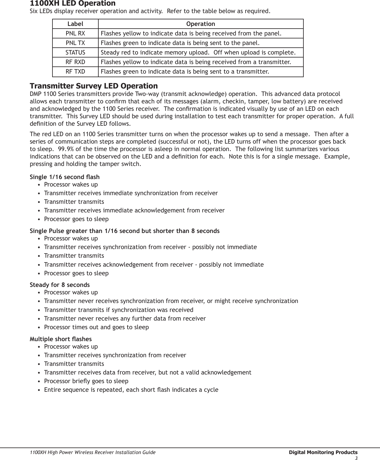 Digital Monitoring Products  1100XH High Power Wireless Receiver Installation Guide21100XH High Power Wireless Receiver Installation Guide  Digital Monitoring Products31100XH LED OperationSix LEDs display receiver operation and activity.  Refer to the table below as required.Label OperationPNL RX Flashes yellow to indicate data is being received from the panel.PNL TX Flashes green to indicate data is being sent to the panel.STATUS Steady red to indicate memory upload.  Off when upload is complete.RF RXD Flashes yellow to indicate data is being received from a transmitter.RF TXD Flashes green to indicate data is being sent to a transmitter.Transmitter Survey LED OperationDMP 1100 Series transmitters provide Two-way (transmit acknowledge) operation.  This advanced data protocol allows each transmitter to conrm that each of its messages (alarm, checkin, tamper, low battery) are received and acknowledged by the 1100 Series receiver.  The conrmation is indicated visually by use of an LED on each transmitter.  This Survey LED should be used during installation to test each transmitter for proper operation.  A full denition of the Survey LED follows.The red LED on an 1100 Series transmitter turns on when the processor wakes up to send a message.  Then after a series of communication steps are completed (successful or not), the LED turns off when the processor goes back to sleep.  99.9% of the time the processor is asleep in normal operation.  The following list summarizes various indications that can be observed on the LED and a denition for each.  Note this is for a single message.  Example, pressing and holding the tamper switch. Single 1/16 second ash •  Processor wakes up •  Transmitter receives immediate synchronization from receiver •  Transmitter transmits •  Transmitter receives immediate acknowledgement from receiver •  Processor goes to sleep Single Pulse greater than 1/16 second but shorter than 8 seconds •  Processor wakes up •  Transmitter receives synchronization from receiver - possibly not immediate •  Transmitter transmits •  Transmitter receives acknowledgement from receiver - possibly not immediate •  Processor goes to sleep Steady for 8 seconds •  Processor wakes up •  Transmitter never receives synchronization from receiver, or might receive synchronization •  Transmitter transmits if synchronization was received •  Transmitter never receives any further data from receiver •  Processor times out and goes to sleep Multiple short ashes •  Processor wakes up •  Transmitter receives synchronization from receiver •  Transmitter transmits •  Transmitter receives data from receiver, but not a valid acknowledgement •  Processor briey goes to sleep •  Entire sequence is repeated, each short ash indicates a cycle