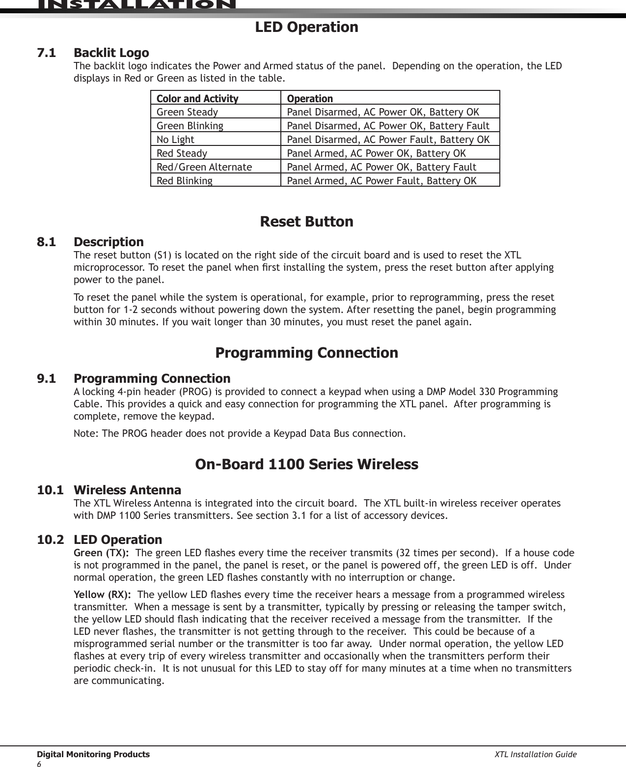Digital Monitoring Products XTL Installation Guide6InstallatIonLED Operation7.1  Backlit LogoThebacklitlogoindicatesthePowerandArmedstatusofthepanel.Dependingontheoperation,theLEDdisplaysinRedorGreenaslistedinthetable.Color and Activity OperationGreenSteady PanelDisarmed,ACPowerOK,BatteryOKGreenBlinking PanelDisarmed,ACPowerOK,BatteryFaultNoLight PanelDisarmed,ACPowerFault,BatteryOKRedSteady PanelArmed,ACPowerOK,BatteryOKRed/GreenAlternate PanelArmed,ACPowerOK,BatteryFaultRedBlinking PanelArmed,ACPowerFault,BatteryOKReset Button8.1  DescriptionTheresetbutton(S1)islocatedontherightsideofthecircuitboardandisusedtoresettheXTLmicroprocessor.Toresetthepanelwhenrstinstallingthesystem,presstheresetbuttonafterapplyingpower to the panel.  To reset the panel while the system is operational, for example, prior to reprogramming, press the reset buttonfor1-2secondswithoutpoweringdownthesystem.Afterresettingthepanel,beginprogrammingwithin30minutes.Ifyouwaitlongerthan30minutes,youmustresetthepanelagain.Programming Connection9.1  Programming ConnectionAlocking4-pinheader(PROG)isprovidedtoconnectakeypadwhenusingaDMPModel330ProgrammingCable.ThisprovidesaquickandeasyconnectionforprogrammingtheXTLpanel.Afterprogrammingiscomplete,removethekeypad.Note:ThePROGheaderdoesnotprovideaKeypadDataBusconnection.On-Board 1100 Series Wireless10.1  Wireless Antenna TheXTLWirelessAntennaisintegratedintothecircuitboard.TheXTLbuilt-inwirelessreceiveroperateswithDMP1100Seriestransmitters.Seesection3.1foralistofaccessorydevices.10.2  LED OperationGreen (TX):ThegreenLEDasheseverytimethereceivertransmits(32timespersecond).Ifahousecodeisnotprogrammedinthepanel,thepanelisreset,orthepanelispoweredoff,thegreenLEDisoff.Undernormaloperation,thegreenLEDashesconstantlywithnointerruptionorchange.Yellow (RX):TheyellowLEDasheseverytimethereceiverhearsamessagefromaprogrammedwirelesstransmitter.Whenamessageissentbyatransmitter,typicallybypressingorreleasingthetamperswitch,theyellowLEDshouldashindicatingthatthereceiverreceivedamessagefromthetransmitter.IftheLEDneverashes,thetransmitterisnotgettingthroughtothereceiver.Thiscouldbebecauseofamisprogrammedserialnumberorthetransmitteristoofaraway.Undernormaloperation,theyellowLEDashesateverytripofeverywirelesstransmitterandoccasionallywhenthetransmittersperformtheirperiodiccheck-in.ItisnotunusualforthisLEDtostayoffformanyminutesatatimewhennotransmittersare communicating.