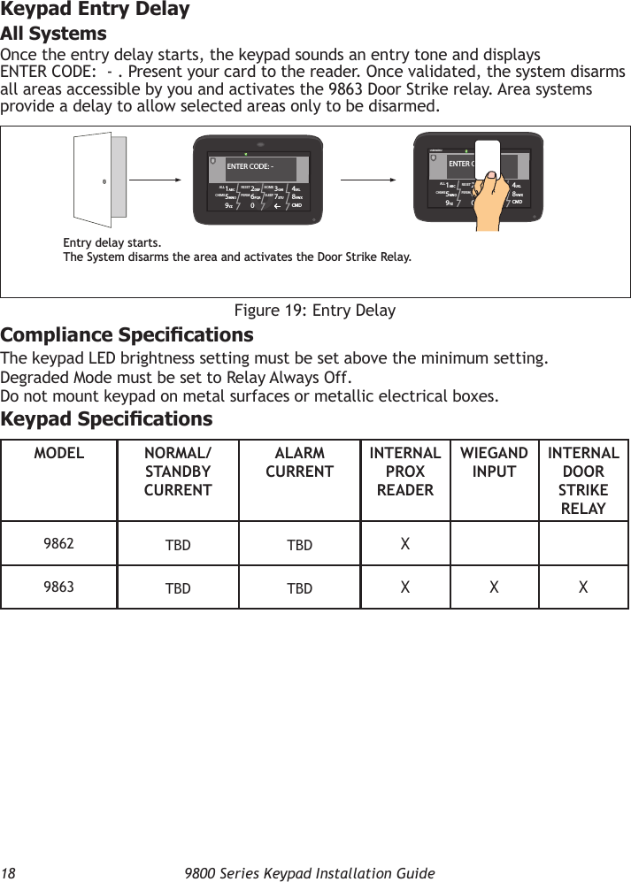 18  9800 Series Keypad Installation GuideKeypad Entry DelayAll SystemsOnce the entry delay starts, the keypad sounds an entry tone and displays ENTER CODE:  - . Present your card to the reader. Once validated, the system disarms all areas accessible by you and activates the 9863 Door Strike relay. Area systems provide a delay to allow selected areas only to be disarmed.RESET1ABC 5MNO9YZ 2DEF 6PQR0 3GHI 7STU 4JKL 8VWXCMDALLCHIME PERIMHOMESLEEPUSER MENUENTER CODE: -Entry delay starts.The System disarms the area and activates the Door Strike Relay.RESET1ABC 5MNO9YZ 2DEF 6PQR0 3GHI 7STU 4JKL 8VWXCMDALLCHIME PERIMHOMESLEEPENTER CODE: -Figure 19: Entry DelayCompliance SpecicationsThe keypad LED brightness setting must be set above the minimum setting.Degraded Mode must be set to Relay Always Off.Do not mount keypad on metal surfaces or metallic electrical boxes.Keypad SpecicationsMODEL NORMAL/ STANDBY CURRENTALARM CURRENTINTERNAL PROX READERWIEGAND INPUTINTERNAL DOOR STRIKE RELAY9862 TBD TBD X9863 TBD TBD X X X