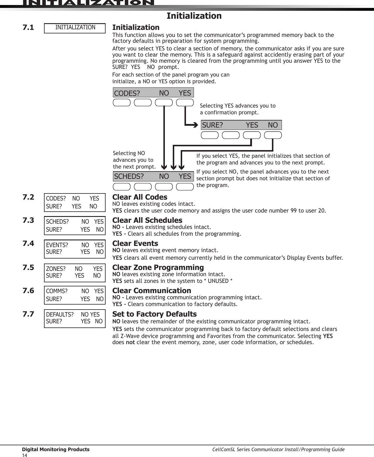 Digital Monitoring Products CellComSL Series Communicator Install/Programming Guide14INITIALIZATIONInitialization7.1   InitializationThis function allows you to set the communicator’sprogrammedmemorybacktothefactory defaults in preparation for system programming.AfteryouselectYEStoclearasectionofmemory,thecommunicatorasksifyouaresureyou want to clear the memory. This is a safeguard against accidently erasing part of your programming.NomemoryisclearedfromtheprogramminguntilyouanswerYEStotheSURE?YES NOprompt.7.2  Clear All CodesNOleavesexistingcodesintact.YESclearstheusercodememoryandassignstheusercodenumber99touser20.7.3  Clear All SchedulesNO -Leavesexistingschedulesintact.YES - Clears all schedules from the programming.7.4  Clear EventsNO leaves existing event memory intact.YES clears all event memory currently held in the communicator’sDisplayEventsbuffer.7.5  Clear Zone ProgrammingNO leaves existing zone information intact.YES setsallzonesinthesystemto*UNUSED*7.6  Clear CommunicationNO - Leavesexistingcommunicationprogrammingintact.YES - Clears communication to factory defaults.7.7  Set to Factory DefaultsNO leaves the remainder of the existing communicator programming intact.YES sets the communicatorprogrammingbacktofactorydefaultselectionsandclearsallZ-WavedeviceprogrammingandFavoritesfromthecommunicator.SelectingYES does not clear the event memory, zone, user code information, or schedules.INITIALIZATIONCODES?  NO   YESSURE?  YES NOSCHEDS?  NO   YESSURE?   YES  NOEVENTS?  NO   YES SURE?   YES  NOZONES?  NO   YES SURE?  YES NOCOMMS?  NO   YES SURE?   YES  NODEFAULTS?  NO YES SURE?  YES NOCODES? NO YESSCHEDS? NO YESFor each section of the panel program you can initialize, a NO or YES option is provided.Selecting YES advances you to a confirmation prompt.If you select YES, the panel initializes that section of the program and advances you to the next prompt.If you select NO, the panel advances you to the next section prompt but does not initialize that section of the program.SURE? YES NOSelecting NO advances you to the next prompt.