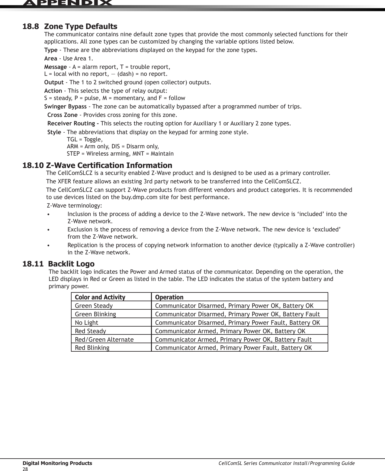 Digital Monitoring Products CellComSL Series Communicator Install/Programming Guide28APPENDIX18.8  Zone Type DefaultsThe communicator contains nine default zone types that provide the most commonly selected functions for their applications.Allzonetypescanbecustomizedbychangingthevariableoptionslistedbelow.Type -Thesearetheabbreviationsdisplayedonthekeypadforthezonetypes.Area -UseArea1.Message -A=alarmreport,T=troublereport, L=localwithnoreport,—(dash)=noreport.Output -The1to2switchedground(opencollector)outputs.Action - This selects the type of relay output: S=steady,P=pulse,M=momentary,andF=followSwinger Bypass - The zone can be automatically bypassed after a programmed number of trips.Cross Zone - Provides cross zoning for this zone.Receiver Routing -ThisselectstheroutingoptionforAuxiliary1orAuxiliary2zonetypes.Style-Theabbreviationsthatdisplayonthekeypadforarmingzonestyle. TGL=Toggle, ARM=Armonly,DIS=Disarmonly, STEP=Wirelessarming,MNT=Maintain18.10Z-WaveCerticationInformationThe CellComSLCZisasecurityenabledZ-Waveproductandisdesignedtobeusedasaprimarycontroller.TheXFERfeatureallowsanexisting3rdpartynetworktobetransferredintotheCellComSLCZ. The CellComSLCZcansupportZ-Waveproductsfromdifferentvendorsandproductcategories.Itisrecommendedto use devices listed on the buy.dmp.com site for best performance.Z-Waveterminology:• InclusionistheprocessofaddingadevicetotheZ-Wavenetwork.Thenewdeviceis‘included’intotheZ-Wavenetwork.• ExclusionistheprocessofremovingadevicefromtheZ-Wavenetwork.Thenewdeviceis‘excluded’fromtheZ-Wavenetwork.• Replicationistheprocessofcopyingnetworkinformationtoanotherdevice(typicallyaZ-Wavecontroller)intheZ-Wavenetwork.18.11  Backlit LogoThebacklitlogoindicatesthePowerandArmedstatusofthecommunicator.Dependingontheoperation,theLEDdisplaysinRedorGreenaslistedinthetable.TheLEDindicatesthestatusofthesystembatteryandprimary power.Color and Activity OperationGreenSteady CommunicatorDisarmed,PrimaryPowerOK,BatteryOKGreenBlinking CommunicatorDisarmed,PrimaryPowerOK,BatteryFaultNoLight CommunicatorDisarmed,PrimaryPowerFault,BatteryOKRedSteady CommunicatorArmed,PrimaryPowerOK,BatteryOKRed/GreenAlternate CommunicatorArmed,PrimaryPowerOK,BatteryFaultRedBlinking CommunicatorArmed,PrimaryPowerFault,BatteryOK