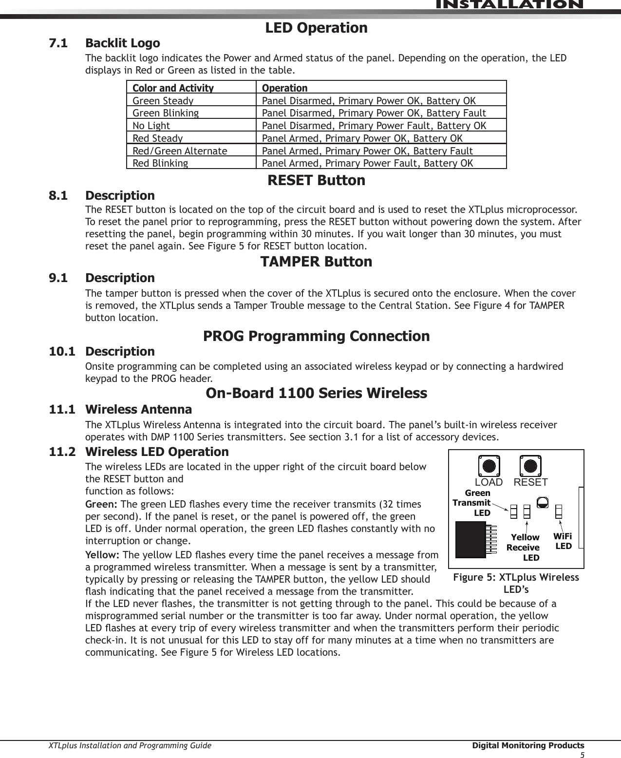 XTLplus Installation and Programming Guide  Digital Monitoring Products5INSTALLATIONLED Operation7.1  Backlit LogoThe backlit logo indicates the Power and Armed status of the panel. Depending on the operation, the LED displays in Red or Green as listed in the table.Color and Activity OperationGreen Steady Panel Disarmed, Primary Power OK, Battery OKGreen Blinking Panel Disarmed, Primary Power OK, Battery FaultNo Light Panel Disarmed, Primary Power Fault, Battery OKRed Steady Panel Armed, Primary Power OK, Battery OKRed/Green Alternate Panel Armed, Primary Power OK, Battery FaultRed Blinking Panel Armed, Primary Power Fault, Battery OKRESET Button8.1 DescriptionThe RESET button is located on the top of the circuit board and is used to reset the XTLplus microprocessor. To reset the panel prior to reprogramming, press the RESET button without powering down the system. After resetting the panel, begin programming within 30 minutes. If you wait longer than 30 minutes, you must reset the panel again. See Figure 5 for RESET button location.TAMPER Button9.1 Description The tamper button is pressed when the cover of the XTLplus is secured onto the enclosure. When the cover is removed, the XTLplus sends a Tamper Trouble message to the Central Station. See Figure 4 for TAMPER button location.PROG Programming Connection10.1 DescriptionOnsite programming can be completed using an associated wireless keypad or by connecting a hardwired keypad to the PROG header.On-Board 1100 Series Wireless11.1  Wireless AntennaThe XTLplus Wireless Antenna is integrated into the circuit board. The panel’s built-in wireless receiver operates with DMP 1100 Series transmitters. See section 3.1 for a list of accessory devices.11.2  Wireless LED OperationThe wireless LEDs are located in the upper right of the circuit board below the RESET button and  function as follows:Green: The green LED ashes every time the receiver transmits (32 times per second). If the panel is reset, or the panel is powered off, the green LED is off. Under normal operation, the green LED ashes constantly with no interruption or change.Yellow: The yellow LED ashes every time the panel receives a message from a programmed wireless transmitter. When a message is sent by a transmitter, typically by pressing or releasing the TAMPER button, the yellow LED should ash indicating that the panel received a message from the transmitter. If the LED never ashes, the transmitter is not getting through to the panel. This could be because of a misprogrammed serial number or the transmitter is too far away. Under normal operation, the yellow LED ashes at every trip of every wireless transmitter and when the transmitters perform their periodic check-in. It is not unusual for this LED to stay off for many minutes at a time when no transmitters are communicating. See Figure 5 for Wireless LED locations.RESETLOADXTL PLUSBATPROGR       B+ DC -SNLEVLPC-0181     R1INSTALL GUIDELT-1434CELLMODULE©  2015  DMPWWW.DMP.COMRed LEDGreen LEDGreenTransmitLEDYellowReceiveLEDWiFiLEDTAMPERButtonFigure 5: XTLplus Wireless LED’s