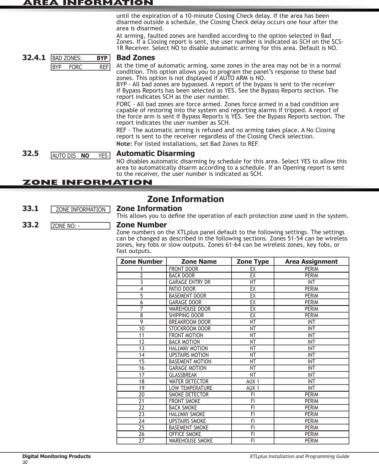 Digital Monitoring Products XTLplus Installation and Programming Guide30AREA INFORMATIONuntil the expiration of a 10-minute Closing Check delay. If the area has been disarmed outside a schedule, the Closing Check delay occurs one hour after the area is disarmed.At arming, faulted zones are handled according to the option selected in Bad Zones. If a Closing report is sent, the user number is indicated as SCH on the SCS-1R Receiver. Select NO to disable automatic arming for this area. Default is NO.32.4.1  Bad ZonesAt the time of automatic arming, some zones in the area may not be in a normal condition. This option allows you to program the panel’s response to these bad zones. This option is not displayed if AUTO ARM is NO. BYP - All bad zones are bypassed. A report of the bypass is sent to the receiver if Bypass Reports has been selected as YES. See the Bypass Reports section. The report indicates SCH as the user number.FORC - All bad zones are force armed. Zones force armed in a bad condition are capable of restoring into the system and reporting alarms if tripped. A report of the force arm is sent if Bypass Reports is YES. See the Bypass Reports section. The report indicates the user number as SCH.REF - The automatic arming is refused and no arming takes place. A No Closing report is sent to the receiver regardless of the Closing Check selection.Note: For listed installations, set Bad Zones to REF.32.5  Automatic DisarmingNO disables automatic disarming by schedule for this area. Select YES to allow this area to automatically disarm according to a schedule. If an Opening report is sent to the receiver, the user number is indicated as SCH.Zone Information33.1  Zone InformationThis allows you to dene the operation of each protection zone used in the system.33.2  Zone NumberZone numbers on the XTLplus panel default to the following settings. The settings can be changed as described in the following sections. Zones 51-54 can be wireless zones, key fobs or slow outputs. Zones 61-64 can be wireless zones, key fobs, or fast outputs.Zone Number Zone Name Zone Type Area Assignment1FRONT DOOR EX PERIM2BACK DOOR EX PERIM3GARAGE ENTRY DR NT INT4PATIO DOOR EX PERIM5BASEMENT DOOR EX PERIM6GARAGE DOOR EX PERIM7WAREHOUSE DOOR EX PERIM8SHIPPING DOOR EX PERIM9BREAKROOM DOOR NT INT10STOCKROOM DOOR NT INT11FRONT MOTION NT INT12BACK MOTION NT INT13HALLWAY MOTION NT INT14UPSTAIRS MOTION NT INT15BASEMENT MOTION NT INT16GARAGE MOTION NT INT17GLASSBREAK NT INT18WATER DETECTOR AUX 1 INT19LOW TEMPERATURE AUX 1 INT20SMOKE DETECTOR FI PERIM21FRONT SMOKE FI PERIM22BACK SMOKE FI PERIM23HALLWAY SMOKE FI PERIM24UPSTAIRS SMOKE FI PERIM25BASEMENT SMOKE FI PERIM26OFFICE SMOKE FI PERIM27WAREHOUSE SMOKE FI PERIMBADZONES: BYPBYP FORC  REFAUTODIS NO YESZONEINFORMATIONZONENO:-ZONE INFORMATION