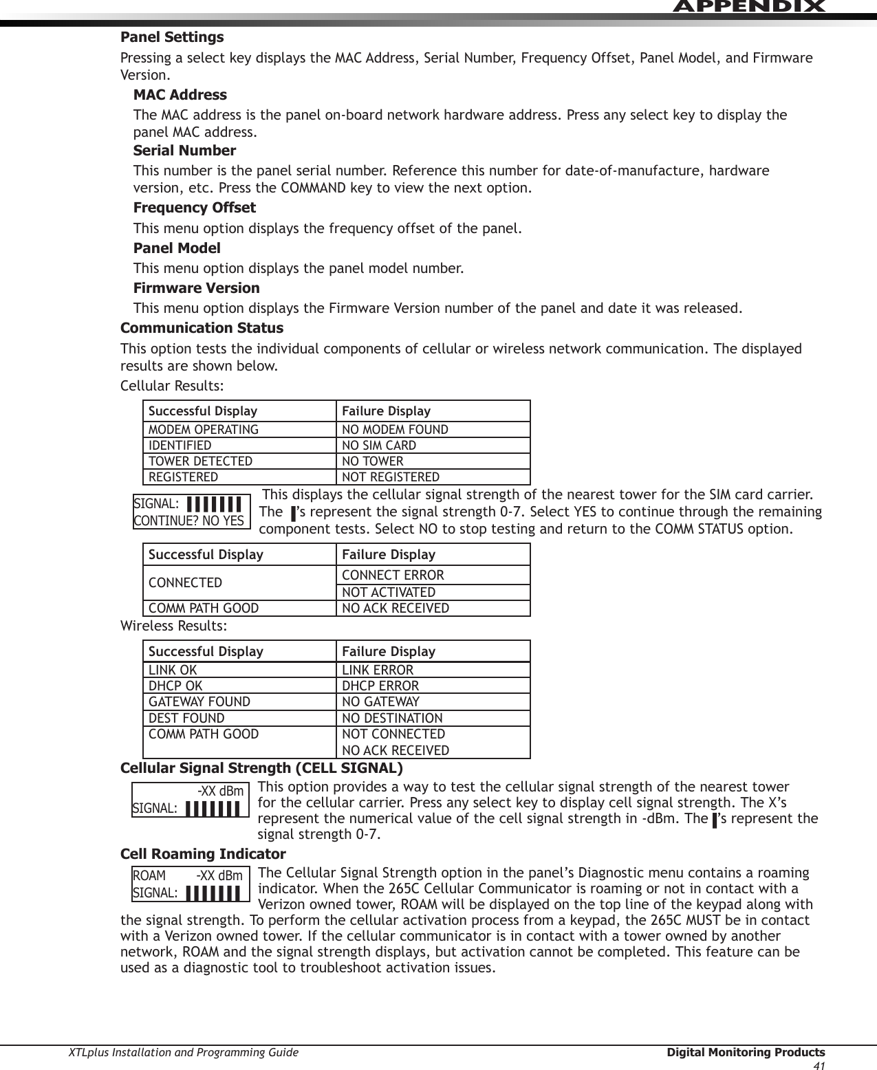 XTLplus Installation and Programming Guide  Digital Monitoring Products41APPENDIXPanel SettingsPressing a select key displays the MAC Address, Serial Number, Frequency Offset, Panel Model, and Firmware Version.MAC AddressThe MAC address is the panel on-board network hardware address. Press any select key to display the panel MAC address.Serial NumberThis number is the panel serial number. Reference this number for date-of-manufacture, hardware version, etc. Press the COMMAND key to view the next option.Frequency OffsetThis menu option displays the frequency offset of the panel.Panel ModelThis menu option displays the panel model number.Firmware VersionThis menu option displays the Firmware Version number of the panel and date it was released.Communication StatusThis option tests the individual components of cellular or wireless network communication. The displayed results are shown below.Cellular Results:Successful Display Failure DisplayMODEM OPERATING NO MODEM FOUNDIDENTIFIED NO SIM CARDTOWER DETECTED NO TOWERREGISTERED NOT REGISTERED             This displays the cellular signal strength of the nearest tower for the SIM card carrier. The ▐’s represent the signal strength 0-7. Select YES to continue through the remaining component tests. Select NO to stop testing and return to the COMM STATUS option.Successful Display Failure DisplayCONNECTED CONNECT ERRORNOT ACTIVATEDCOMM PATH GOOD NO ACK RECEIVEDWireless Results:Successful Display Failure DisplayLINK OK LINK ERRORDHCP OK DHCP ERRORGATEWAY FOUND NO GATEWAYDEST FOUND NO DESTINATIONCOMM PATH GOOD NOT CONNECTEDNO ACK RECEIVEDCellular Signal Strength (CELL SIGNAL)This option provides a way to test the cellular signal strength of the nearest tower for the cellular carrier. Press any select key to display cell signal strength. The X’s represent the numerical value of the cell signal strength in -dBm. The▐’s represent the signal strength 0-7.Cell Roaming IndicatorThe Cellular Signal Strength option in the panel’s Diagnostic menu contains a roaming indicator. When the 265C Cellular Communicator is roaming or not in contact with a Verizon owned tower, ROAM will be displayed on the top line of the keypad along with the signal strength. To perform the cellular activation process from a keypad, the 265C MUST be in contact with a Verizon owned tower. If the cellular communicator is in contact with a tower owned by another network, ROAM and the signal strength displays, but activation cannot be completed. This feature can be used as a diagnostic tool to troubleshoot activation issues.   SIGNAL:▐▐▐▐▐▐▐CONTINUE?NOYES                 -XX dBmSIGNAL:▐▐▐▐▐▐▐ROAM-XXdBmSIGNAL:▐▐▐▐▐▐▐
