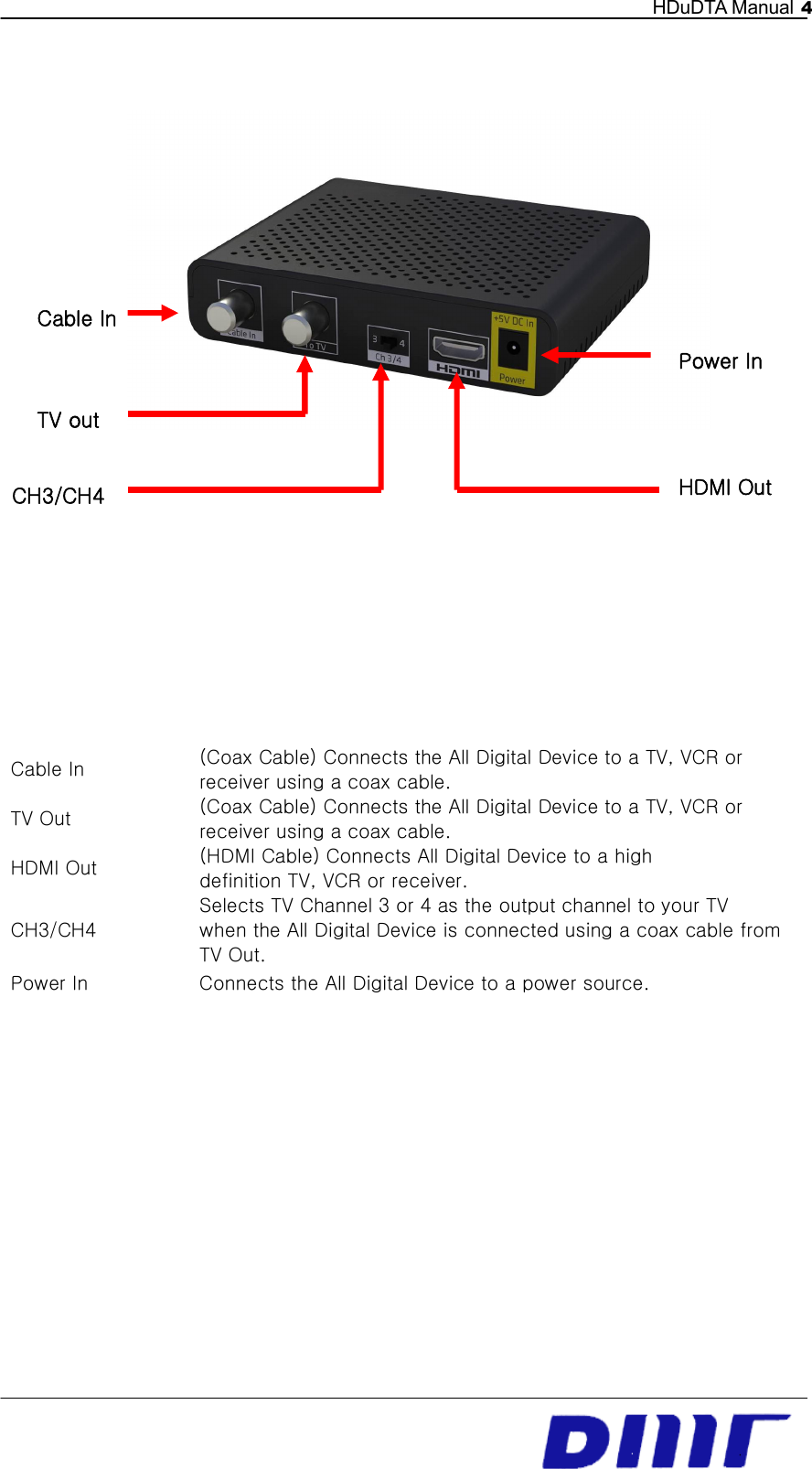   HDuDTA Manual 4       Cable In  (Coax Cable) Connects the All Digital Device to a TV, VCR or receiver using a coax cable. TV Out  (Coax Cable) Connects the All Digital Device to a TV, VCR or receiver using a coax cable. HDMI Out  (HDMI Cable) Connects All Digital Device to a high   definition TV, VCR or receiver. CH3/CH4 Selects TV Channel 3 or 4 as the output channel to your TV when the All Digital Device is connected using a coax cable from TV Out. Power In  Connects the All Digital Device to a power source.        Cable In TV out CH3/CH4  HDMI Out Power In 