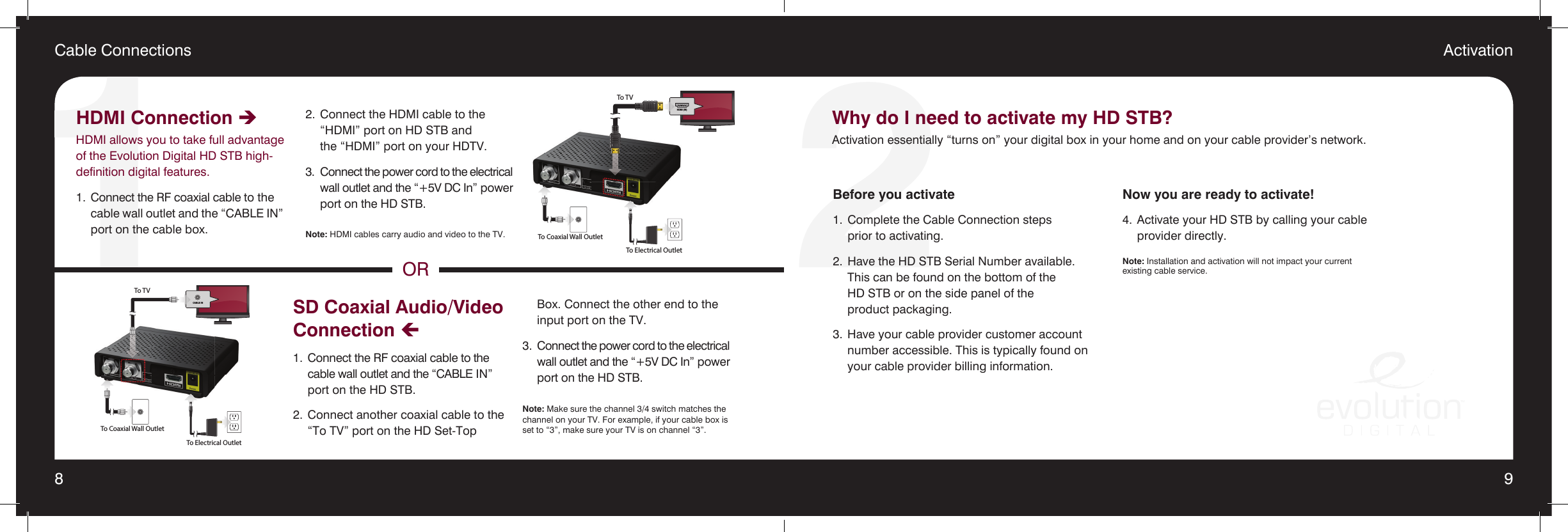 8 921Cable ConnectionsHDMI Set-upHDMI (IN)To TVTo ElectricalOutletTo Coaxial Wall OutletCABLE INTo TVTo ElectricalOutletTo Coaxial Wall OutletHDMI Connection èHDMI allows you to take full advantage of the Evolution Digital HD STB high-definition digital features.1.  Connect the RF coaxial cable to the    cable wall outlet and the “CABLE IN”    port on the cable box.   2.  Connect the HDMI cable to the    “HDMI” port on HD STB and    the “HDMI” port on your HDTV.3.  Connect the power cord to the electrical   wall outlet and the “+5V DC In” power    port on the HD STB.Note: HDMI cables carry audio and video to the TV.Before you activate1.  Complete the Cable Connection steps    prior to activating.2.  Have the HD STB Serial Number available.    This can be found on the bottom of the    HD STB or on the side panel of the      product packaging.3.  Have your cable provider customer account    number accessible. This is typically found on    your cable provider billing information.Now you are ready to activate!4.  Activate your HD STB by calling your cable    provider directly.Note: Installation and activation will not impact your current existing cable service.SD Coaxial Audio/Video Connection ç1.  Connect the RF coaxial cable to the    cable wall outlet and the “CABLE IN”    port on the HD STB.2.  Connect another coaxial cable to the    “To TV” port on the HD Set-Top    Box. Connect the other end to the    input port on the TV.3.  Connect the power cord to the electrical   wall outlet and the “+5V DC In” power    port on the HD STB.Note: Make sure the channel 3/4 switch matches the channel on your TV. For example, if your cable box is set to “3”, make sure your TV is on channel “3”. ActivationORWhy do I need to activate my HD STB?Activation essentially “turns on” your digital box in your home and on your cable provider’s network.