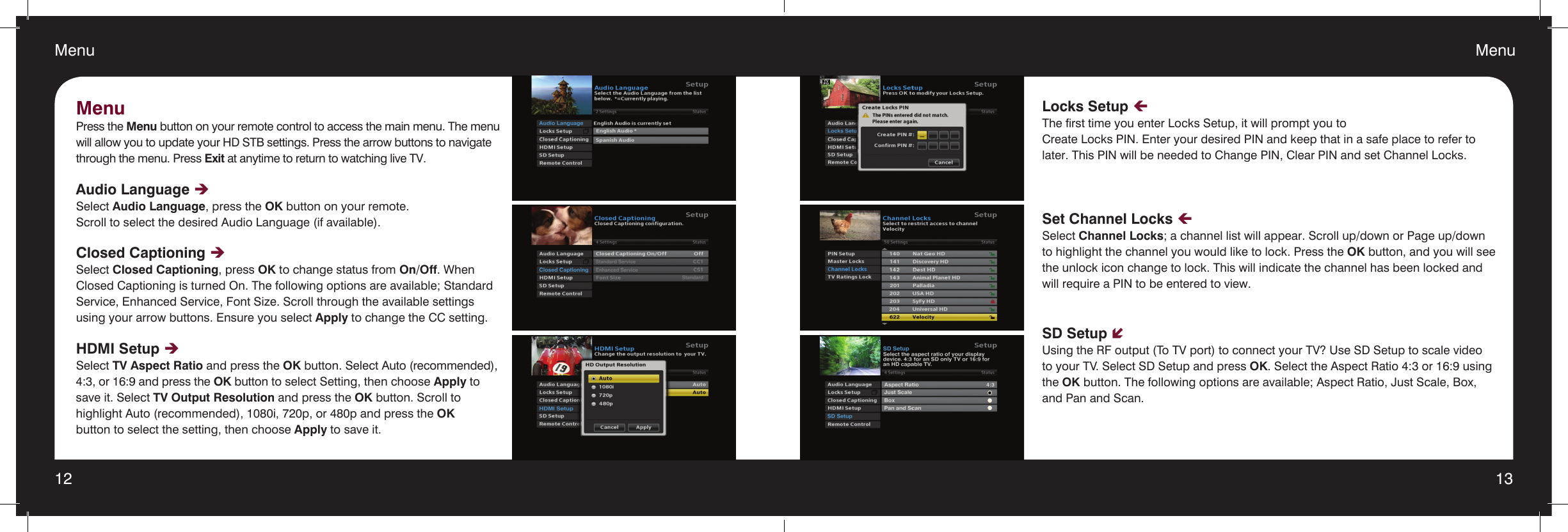 12 13Menu MenuMenuPress the Menu button on your remote control to access the main menu. The menu will allow you to update your HD STB settings. Press the arrow buttons to navigate through the menu. Press Exit at anytime to return to watching live TV.Audio Language èSelect Audio Language, press the OK button on your remote.Scroll to select the desired Audio Language (if available).Closed Captioning èSelect Closed Captioning, press OK to change status from On/Off. When Closed Captioning is turned On. The following options are available; Standard Service, Enhanced Service, Font Size. Scroll through the available settings using your arrow buttons. Ensure you select Apply to change the CC setting.HDMI Setup èSelect TV Aspect Ratio and press the OK button. Select Auto (recommended), 4:3, or 16:9 and press the OK button to select Setting, then choose Apply to save it. Select TV Output Resolution and press the OK button. Scroll to  highlight Auto (recommended), 1080i, 720p, or 480p and press the OK  button to select the setting, then choose Apply to save it.Locks Setup çThe first time you enter Locks Setup, it will prompt you to  Create Locks PIN. Enter your desired PIN and keep that in a safe place to refer to later. This PIN will be needed to Change PIN, Clear PIN and set Channel Locks.Set Channel Locks çSelect Channel Locks; a channel list will appear. Scroll up/down or Page up/down to highlight the channel you would like to lock. Press the OK button, and you will see the unlock icon change to lock. This will indicate the channel has been locked and will require a PIN to be entered to view.SD Setup íUsing the RF output (To TV port) to connect your TV? Use SD Setup to scale video  to your TV. Select SD Setup and press OK. Select the Aspect Ratio 4:3 or 16:9 using the OK button. The following options are available; Aspect Ratio, Just Scale, Box, and Pan and Scan.