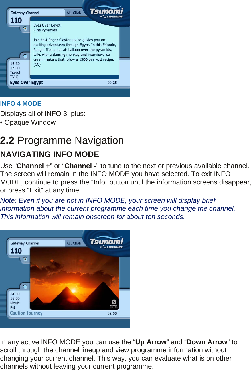  INFO 4 MODE   Displays all of INFO 3, plus: • Opaque Window  2.2 Programme Navigation NAVIGATING INFO MODE Use “Channel +” or “Channel -” to tune to the next or previous available channel. The screen will remain in the INFO MODE you have selected. To exit INFO MODE, continue to press the “Info” button until the information screens disappear, or press “Exit” at any time. Note: Even if you are not in INFO MODE, your screen will display brief information about the current programme each time you change the channel. This information will remain onscreen for about ten seconds.    In any active INFO MODE you can use the “Up Arrow” and “Down Arrow” to scroll through the channel lineup and view programme information without changing your current channel. This way, you can evaluate what is on other channels without leaving your current programme.   