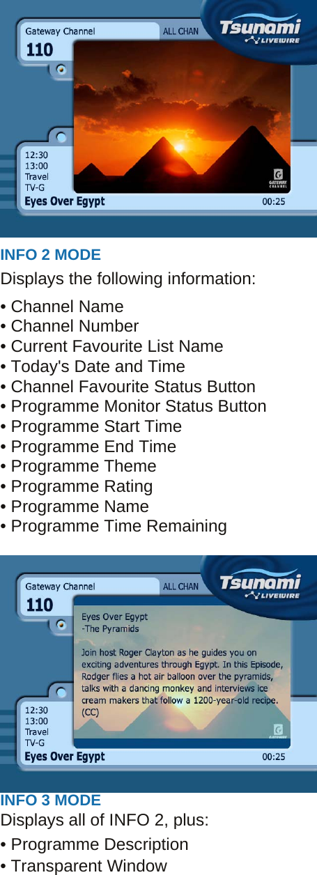  INFO 2 MODE   Displays the following information: • Channel Name • Channel Number • Current Favourite List Name • Today&apos;s Date and Time • Channel Favourite Status Button • Programme Monitor Status Button • Programme Start Time • Programme End Time • Programme Theme • Programme Rating • Programme Name • Programme Time Remaining   INFO 3 MODE   Displays all of INFO 2, plus: • Programme Description • Transparent Window    