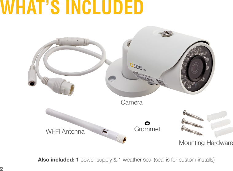 CameraWi-Fi AntennaMounting HardwareAlso included: 1 power supply &amp; 1 weather seal (seal is for custom installs)WHAT’S INCLUDEDGrommet2