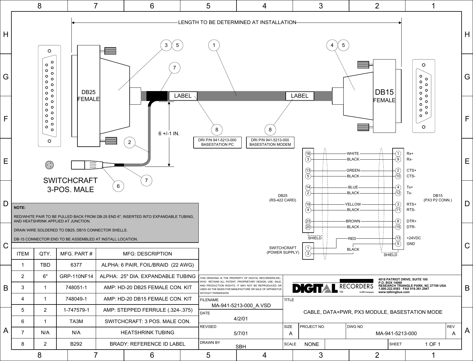 NOTE:RED/WHITE PAIR TO BE PULLED BACK FROM DB-25 END 6&quot;, INSERTED INTO EXPANDABLE TUBING,AND HEATSHRINK APPLIED AT JUNCTION.DRAIN WIRE SOLDERED TO DB25, DB15 CONNECTOR SHELLS.DB-15 CONNECTOR END TO BE ASSEMBLED AT INSTALL LOCATION.HGFEDCBA87654321HGFEDCBA87654321SIZE PROJECT NO. DWG NO REVA MA-941-5213-000 ASCALENONESHEET1 OF 1TITLECABLE, DATA+PWR, PX3 MODULE, BASESTATION MODEREVISED5/7/01FILENAMEMA-941-5213-000_A.VSDDRAWN BYSBHDATE4/2/014018 PATRIOT DRIVE, SUITE 100P.O. BOX 14068RESEARCH TRIANGLE PARK, NC 27709 USA1.800.222.9583   FAX 919.361.2947www.talkingbus.comTMA DRI CompanyTHIS DRAWING IS THE PROPERTY OF DIGITAL RECORDERS,INC.,WHO  RETAINS ALL PATENT, PROPRIETARY DESIGN, USE, SALE,AND PRODUCTION RIGHTS. IT MAY NOT BE REPRODUCED ORUSED AS THE BASIS FOR MANUFACTURE OR SALE OF APPARATUSWITHOUT PERMISSION.Rx+Rx-CTS+CTS-Tx+Tx-RTS+RTS-DTR+DTR-+24VDCGNDWHITEBLACKGREENBLACKBLUEBLACKYELLOWBLACKBROWNBLACK202341921451331615811312410291BLACK53REDSHIELDSHIELD 131DB25(RS-422 CARD)DB15(PX3 P2 CONN.)SWITCHCRAFT(POWER SUPPLY)DB25FEMALEDB15FEMALESWITCHCRAFT3-POS. MALE8 2 B292 BRADY: REFERENCE ID LABEL6 1 TA3M SWITCHCRAFT: 3 POS. MALE CON.5 2 1-747579-1 AMP: STEPPED FERRULE (.324-.375)ITEM QTY. MFG. PART # MFG: DESCRIPTION4 1 748049-1 AMP: HD-20 DB15 FEMALE CON. KIT3 1 748051-1 AMP: HD-20 DB25 FEMALE CON. KIT1 TBD 6377 ALPHA: 6 PAIR, FOIL/BRAID  (22 AWG)LENGTH TO BE DETERMINED AT INSTALLATION6 +/-1 IN.3 1 4 556LABEL LABEL887 N/A N/A HEATSHRINK TUBING2 6&quot; GRP-110NF14 ALPHA: .25&quot; DIA. EXPANDABLE TUBING277DRI P/N 941-5213-000BASESTATION PCDRI P/N 941-5213-000BASESTATION MODEM