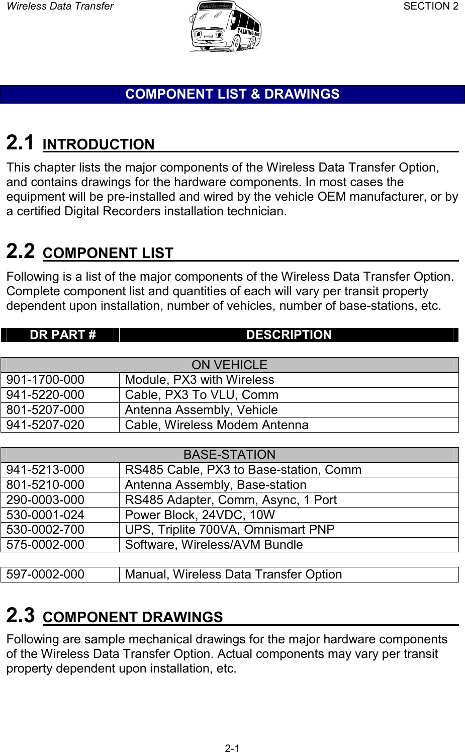 Wireless Data Transfer SECTION 2       2-1 COMPONENT LIST &amp; DRAWINGS  2.1  INTRODUCTION   This chapter lists the major components of the Wireless Data Transfer Option, and contains drawings for the hardware components. In most cases the equipment will be pre-installed and wired by the vehicle OEM manufacturer, or by a certified Digital Recorders installation technician.  2.2  COMPONENT LIST   Following is a list of the major components of the Wireless Data Transfer Option. Complete component list and quantities of each will vary per transit property dependent upon installation, number of vehicles, number of base-stations, etc.  DR PART #  DESCRIPTION  ON VEHICLE 901-1700-000 Module, PX3 with Wireless 941-5220-000  Cable, PX3 To VLU, Comm 801-5207-000  Antenna Assembly, Vehicle 941-5207-020  Cable, Wireless Modem Antenna  BASE-STATION 941-5213-000  RS485 Cable, PX3 to Base-station, Comm 801-5210-000  Antenna Assembly, Base-station 290-0003-000  RS485 Adapter, Comm, Async, 1 Port 530-0001-024  Power Block, 24VDC, 10W 530-0002-700  UPS, Triplite 700VA, Omnismart PNP 575-0002-000 Software, Wireless/AVM Bundle   597-0002-000  Manual, Wireless Data Transfer Option  2.3 COMPONENT DRAWINGS   Following are sample mechanical drawings for the major hardware components of the Wireless Data Transfer Option. Actual components may vary per transit property dependent upon installation, etc.  