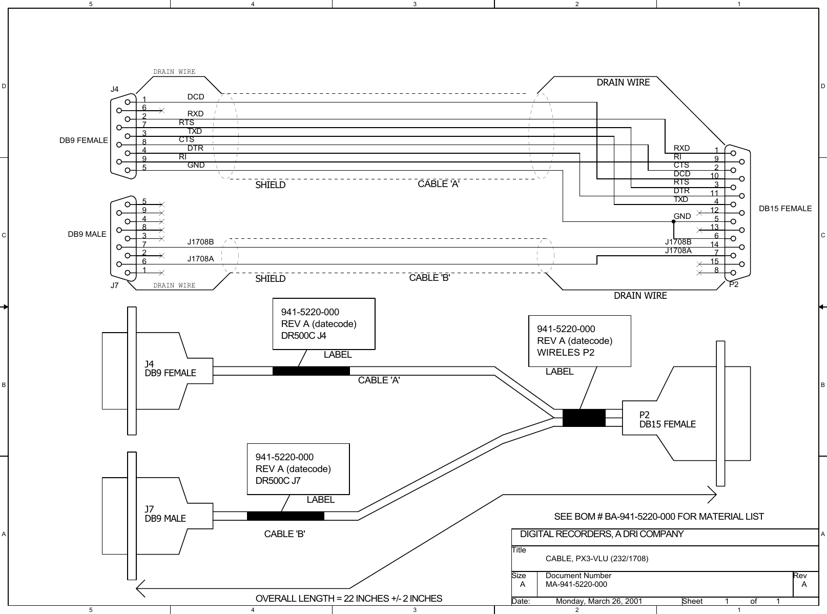 5544332211D DC CB BA ASHIELDSHIELDDRAIN WIREDRAIN WIREDRAIN WIREDRAIN WIREJ7DB9 MALEJ4DB9 FEMALEP2DB15 FEMALE941-5220-000REV A (datecode)DR500C J4941-5220-000REV A (datecode)DR500C J7941-5220-000REV A (datecode)WIRELES P2SEE BOM # BA-941-5220-000 FOR MATERIAL LISTCABLE &apos;A&apos;CABLE &apos;A&apos;CABLE &apos;B&apos;CABLE &apos;B&apos;OVERALL LENGTH = 22 INCHES +/- 2 INCHESDIGITAL RECORDERS, A DRI COMPANYLABELLABELLABELMA-941-5220-000 ACABLE, PX3-VLU (232/1708)A11Monday, March 26, 2001TitleSize Document Number RevDate: Sheet ofDCDDCDRXDRXDTXDTXDDTRDTRGNDGNDRTSRTSCTSCTSRI RIJ1708B J1708BJ1708AJ1708AP2DB15 FEMALE815714613512411310291J7DB9 MALE594837261J4DB9 FEMALE594837261