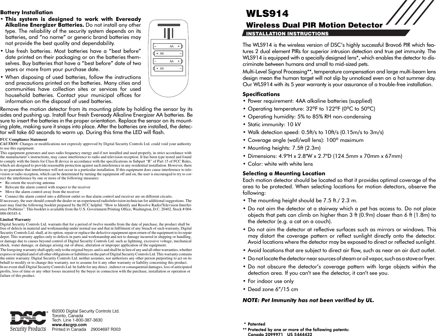 Digital Security Controls 00NB914 Dual PIR Motion Detector User Manual ...