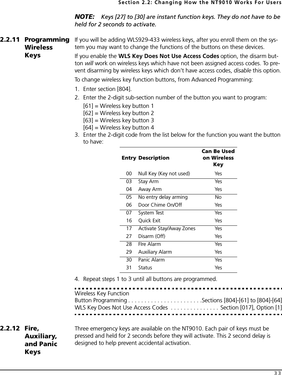 Section 2.2: Changing How the NT9010 Works For Users33NOTE: Keys [27] to [30] are instant function keys. They do not have to be held for 2 seconds to activate.2.2.11 Programming Wireless KeysIf you will be adding WLS929-433 wireless keys, after you enroll them on the sys-tem you may want to change the functions of the buttons on these devices.If you enable the WLS Key Does Not Use Access Codes option, the disarm but-ton will work on wireless keys which have not been assigned access codes. To pre-vent disarming by wireless keys which don’t have access codes, disable this option.To change wireless key function buttons, from Advanced Programming:1. Enter section [804].2. Enter the 2-digit sub-section number of the button you want to program:[61] = Wireless key button 1[62] = Wireless key button 2[63] = Wireless key button 3[64] = Wireless key button 43. Enter the 2-digit code from the list below for the function you want the button to have:4. Repeat steps 1 to 3 until all buttons are programmed.Wireless Key Function Button Programming . . . . . . . . . . . . . . . . . . . . . . .Sections [804]-[61] to [804]-[64]WLS Key Does Not Use Access Codes  . . . . . . . . . . . . . . . Section [017], Option [1]2.2.12 Fire, Auxiliary, and Panic KeysThree emergency keys are available on the NT9010. Each pair of keys must be pressed and held for 2 seconds before they will activate. This 2 second delay is designed to help prevent accidental activation.Entry DescriptionCan Be Used on Wireless Key00 Null Key (Key not used) Yes03 Stay Arm Yes04 Away Arm Yes05 No entry delay arming No06 Door Chime On/Off Yes07 System Test Yes16 Quick Exit Yes17 Activate Stay/Away Zones Yes27 Disarm (Off) Yes28 FIre Alarm Yes29 Auxiliary Alarm Yes30 Panic Alarm Yes31 Status Yes