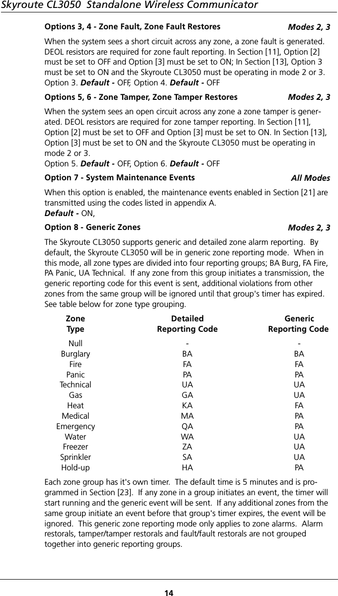 Skyroute CL3050  Standalone Wireless Communicator14Options 3, 4 - Zone Fault, Zone Fault Restores Modes 2, 3When the system sees a short circuit across any zone, a zone fault is generated.DEOL resistors are required for zone fault reporting. In Section [11], Option [2] must be set to OFF and Option [3] must be set to ON; In Section [13], Option 3 must be set to ON and the Skyroute CL3050 must be operating in mode 2 or 3.Option 3. Default - OFF, Option 4. Default - OFFOptions 5, 6 - Zone Tamper, Zone Tamper Restores Modes 2, 3When the system sees an open circuit across any zone a zone tamper is gener-ated. DEOL resistors are required for zone tamper reporting. In Section [11], Option [2] must be set to OFF and Option [3] must be set to ON. In Section [13], Option [3] must be set to ON and the Skyroute CL3050 must be operating in mode 2 or 3.Option 5. Default - OFF, Option 6. Default - OFFOption 7 - System Maintenance Events All ModesWhen this option is enabled, the maintenance events enabled in Section [21] are transmitted using the codes listed in appendix A.Default - ON,Option 8 - Generic Zones Modes 2, 3The Skyroute CL3050 supports generic and detailed zone alarm reporting.  By default, the Skyroute CL3050 will be in generic zone reporting mode.  When in this mode, all zone types are divided into four reporting groups; BA Burg, FA Fire, PA Panic, UA Technical.  If any zone from this group initiates a transmission, the generic reporting code for this event is sent, additional violations from other zones from the same group will be ignored until that group&apos;s timer has expired. See table below for zone type grouping.ZoneTyp eDetailed Reporting CodeGeneric Reporting CodeNullBurglaryFirePanicTechnicalGasHeatMedicalEmergencyWaterFreezerSprinklerHold-up-BAFAPAUAGAKAMAQAWAZASAHA-BAFAPAUAUAFAPAPAUAUAUAPAEach zone group has it&apos;s own timer.  The default time is 5 minutes and is pro-grammed in Section [23].  If any zone in a group initiates an event, the timer will start running and the generic event will be sent.  If any additional zones from the same group initiate an event before that group&apos;s timer expires, the event will be ignored.  This generic zone reporting mode only applies to zone alarms.  Alarm restorals, tamper/tamper restorals and fault/fault restorals are not grouped together into generic reporting groups.
