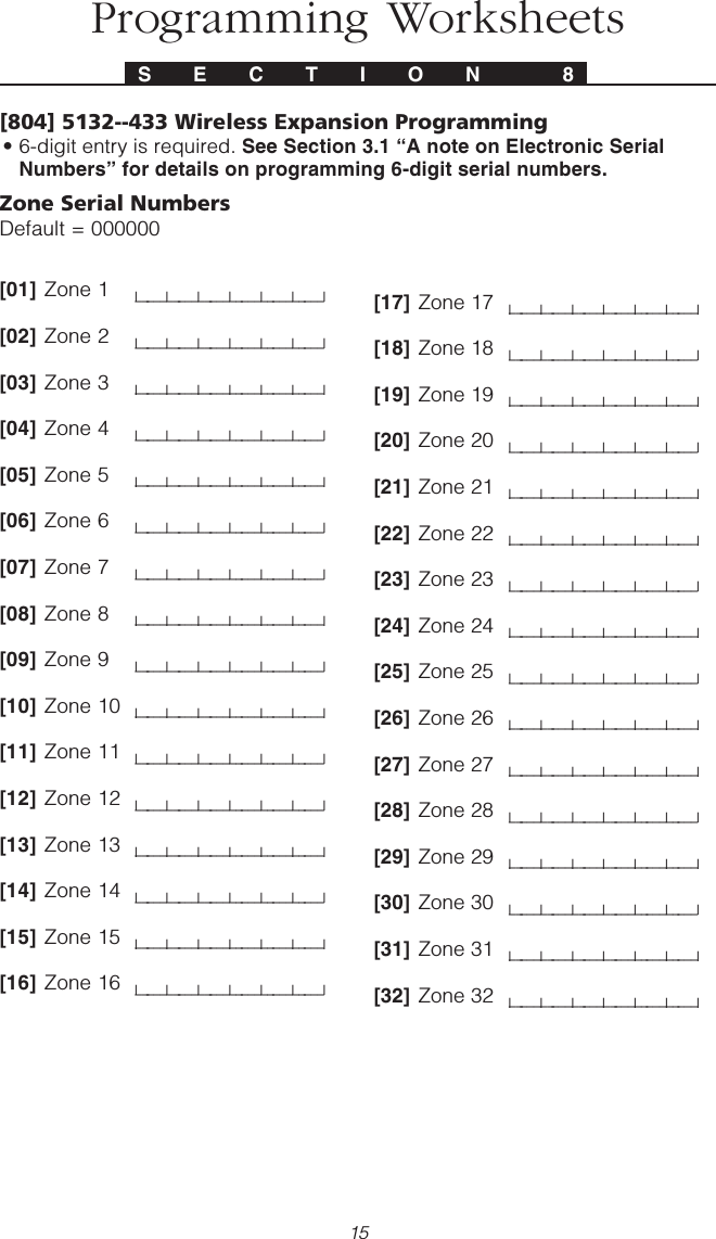 15[804] 5132--433 Wireless Expansion Programming• 6-digit entry is required. See Section 3.1 “A note on Electronic SerialNumbers” for details on programming 6-digit serial numbers.Zone Serial NumbersDefault = 000000[01] Zone 1 l_____l_____l_____l_____l_____l_____l[02] Zone 2 l_____l_____l_____l_____l_____l_____l[03] Zone 3 l_____l_____l_____l_____l_____l_____l[04] Zone 4 l_____l_____l_____l_____l_____l_____l[05] Zone 5 l_____l_____l_____l_____l_____l_____l[06] Zone 6 l_____l_____l_____l_____l_____l_____l[07] Zone 7 l_____l_____l_____l_____l_____l_____l[08] Zone 8 l_____l_____l_____l_____l_____l_____l[09] Zone 9 l_____l_____l_____l_____l_____l_____l[10] Zone 10 l_____l_____l_____l_____l_____l_____l[11] Zone 11 l_____l_____l_____l_____l_____l_____l[12] Zone 12 l_____l_____l_____l_____l_____l_____l[13] Zone 13 l_____l_____l_____l_____l_____l_____l[14] Zone 14 l_____l_____l_____l_____l_____l_____l[15] Zone 15 l_____l_____l_____l_____l_____l_____l[16] Zone 16 l_____l_____l_____l_____l_____l_____l[17] Zone 17 l_____l_____l_____l_____l_____l_____l[18] Zone 18 l_____l_____l_____l_____l_____l_____l[19] Zone 19 l_____l_____l_____l_____l_____l_____l[20] Zone 20 l_____l_____l_____l_____l_____l_____l[21] Zone 21 l_____l_____l_____l_____l_____l_____l[22] Zone 22 l_____l_____l_____l_____l_____l_____l[23] Zone 23 l_____l_____l_____l_____l_____l_____l[24] Zone 24 l_____l_____l_____l_____l_____l_____l[25] Zone 25 l_____l_____l_____l_____l_____l_____l[26] Zone 26 l_____l_____l_____l_____l_____l_____l[27] Zone 27 l_____l_____l_____l_____l_____l_____l[28] Zone 28 l_____l_____l_____l_____l_____l_____l[29] Zone 29 l_____l_____l_____l_____l_____l_____l[30] Zone 30 l_____l_____l_____l_____l_____l_____l[31] Zone 31 l_____l_____l_____l_____l_____l_____l[32] Zone 32 l_____l_____l_____l_____l_____l_____lProgramming WorksheetsS E C T I O N  8