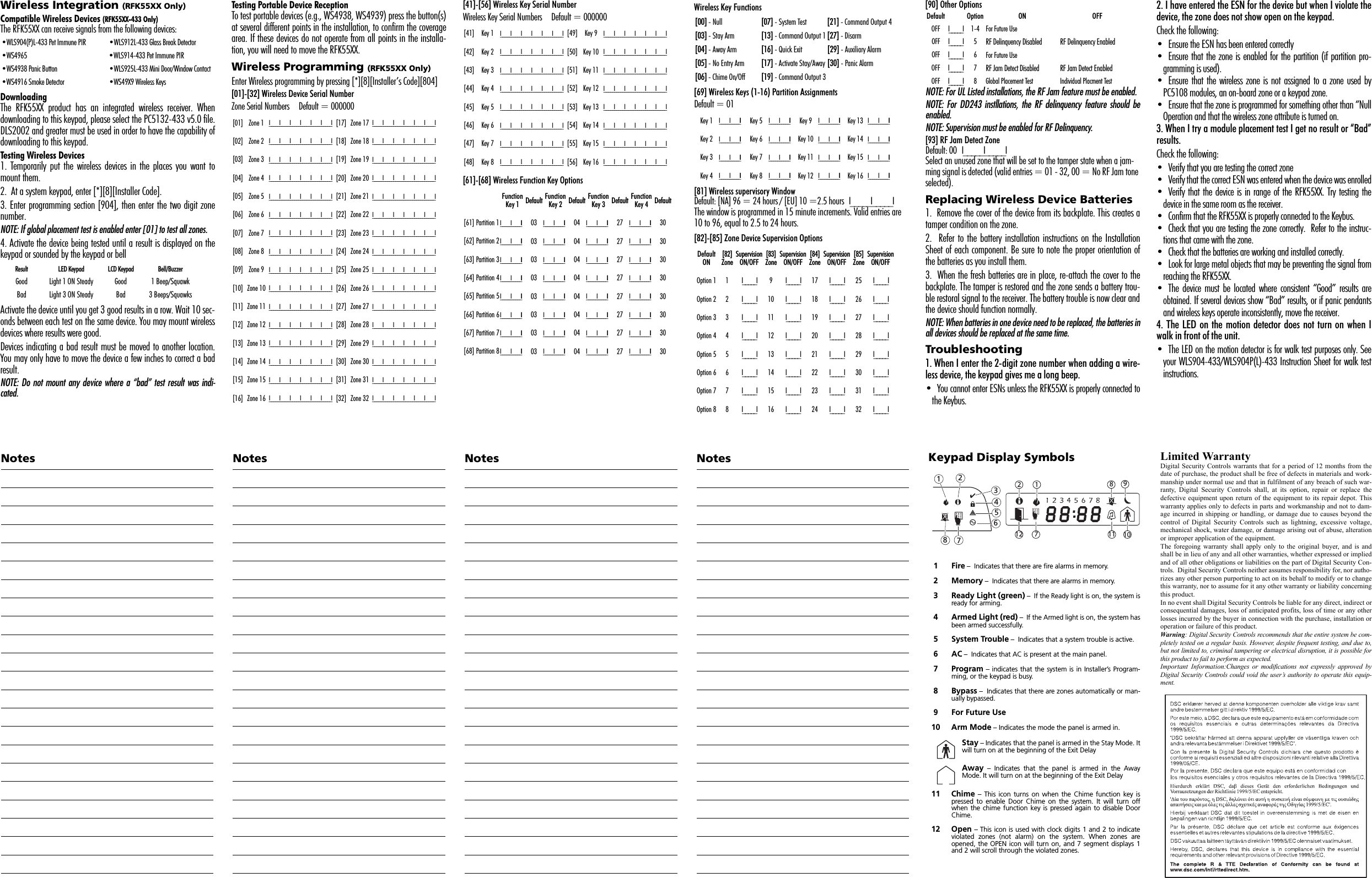 Wireless Integration (RFK55XX Only)Compatible Wireless Devices (RFK55XX-433 Only)The RFK55XX can receive signals from the following devices:DownloadingThe RFK55XX product has an integrated wireless receiver. Whendownloading to this keypad, please select the PC5132-433 v5.0 file.DLS2002 and greater must be used in order to have the capability ofdownloading to this keypad.Testing Wireless Devices1. Temporarily put the wireless devices in the places you want tomount them.2.  At a system keypad, enter [*][8][Installer Code].3. Enter programming section [904], then enter the two digit zonenumber.NOTE: If global placement test is enabled enter [01] to test all zones.4. Activate the device being tested until a result is displayed on thekeypad or sounded by the keypad or bellActivate the device until you get 3 good results in a row. Wait 10 sec-onds between each test on the same device. You may mount wirelessdevices where results were good.Devices indicating a bad result must be moved to another location.You may only have to move the device a few inches to correct a badresult.NOTE: Do not mount any device where a “bad” test result was indi-cated.Testing Portable Device ReceptionTo test portable devices (e.g., WS4938, WS4939) press the button(s)at several different points in the installation, to confirm the coveragearea. If these devices do not operate from all points in the installa-tion, you will need to move the RFK55XX.Wireless Programming (RFK55XX Only)Enter Wireless programming by pressing [*][8][Installer’s Code][804][01]-[32] Wireless Device Serial NumberZone Serial Numbers     Default = 000000[41]-[56] Wireless Key Serial NumberWireless Key Serial Numbers     Default = 000000[61]-[68] Wireless Function Key OptionsWireless Key Functions[69] Wireless Keys (1-16) Partition AssignmentsDefault = 01[81] Wireless supervisory WindowDefault: [NA] 96 = 24 hours / [EU] 10 =2.5 hours   I_____I_____IThe window is programmed in 15 minute increments. Valid entries are 10 to 96, equal to 2.5 to 24 hours.[82]-[85] Zone Device Supervision Options[90] Other OptionsNOTE: For UL Listed installations, the RF Jam feature must be enabled.NOTE: For DD243 instllations, the RF delinquency feature should beenabled.NOTE: Supervision must be enabled for RF Delinquency.[93] RF Jam Detect ZoneDefault: 00   I_____I_____ISelect an unused zone that will be set to the tamper state when a jam-ming signal is detected (valid entries = 01 - 32, 00 = No RF Jam tone selected).Replacing Wireless Device Batteries1.  Remove the cover of the device from its backplate. This creates atamper condition on the zone.2.  Refer to the battery installation instructions on the InstallationSheet of each component. Be sure to note the proper orientation ofthe batteries as you install them.3.  When the fresh batteries are in place, re-attach the cover to thebackplate. The tamper is restored and the zone sends a battery trou-ble restoral signal to the receiver. The battery trouble is now clear andthe device should function normally.NOTE: When batteries in one device need to be replaced, the batteries inall devices should be replaced at the same time.Troubleshooting1. When I enter the 2-digit zone number when adding a wire-less device, the keypad gives me a long beep.• You cannot enter ESNs unless the RFK55XX is properly connected tothe Keybus.2. I have entered the ESN for the device but when I violate thedevice, the zone does not show open on the keypad.Check the following:• Ensure the ESN has been entered correctly• Ensure that the zone is enabled for the partition (if partition pro-gramming is used).• Ensure that the wireless zone is not assigned to a zone used byPC5108 modules, an on-board zone or a keypad zone.• Ensure that the zone is programmed for something other than “NullOperation and that the wireless zone attribute is turned on.3. When I try a module placement test I get no result or “Bad”results.Check the following:• Verify that you are testing the correct zone• Verify that the correct ESN was entered when the device was enrolled• Verify that the device is in range of the RFK55XX. Try testing thedevice in the same room as the receiver.• Confirm that the RFK55XX is properly connected to the Keybus.• Check that you are testing the zone correctly.  Refer to the instruc-tions that came with the zone.• Check that the batteries are working and installed correctly.• Look for large metal objects that may be preventing the signal fromreaching the RFK55XX.• The device must be located where consistent “Good” results areobtained. If several devices show “Bad” results, or if panic pendantsand wireless keys operate inconsistently, move the receiver.4. The LED on the motion detector does not turn on when Iwalk in front of the unit.• The LED on the motion detector is for walk test purposes only. Seeyour WLS904-433/WLS904P(L)-433 Instruction Sheet for walk testinstructions.•WLS904(P)L-433 Pet Immune PIR •WLS912L-433 Glass Break Detector•WS4965 •WLS914-433 Pet Immune PIR•WS4938 Panic Button •WLS925L-433 Mini Door/Window Contact•WS4916 Smoke Detector •WS49X9 Wireless KeysResult LED Keypad LCD Keypad Bell/BuzzerGood Light 1 ON Steady Good 1 Beep/SquawkBad Light 3 ON Steady Bad 3 Beeps/Squawks[01] Zone 1 I_____I_____I_____I_____I_____I_____I [17] Zone 17 I_____I_____I_____I_____I_____I_____I[02] Zone 2 I_____I_____I_____I_____I_____I_____I [18] Zone 18 I_____I_____I_____I_____I_____I_____I[03] Zone 3 I_____I_____I_____I_____I_____I_____I [19] Zone 19 I_____I_____I_____I_____I_____I_____I[04] Zone 4 I_____I_____I_____I_____I_____I_____I [20] Zone 20 I_____I_____I_____I_____I_____I_____I[05] Zone 5 I_____I_____I_____I_____I_____I_____I [21] Zone 21 I_____I_____I_____I_____I_____I_____I[06] Zone 6 I_____I_____I_____I_____I_____I_____I [22] Zone 22 I_____I_____I_____I_____I_____I_____I[07] Zone 7 I_____I_____I_____I_____I_____I_____I [23] Zone 23 I_____I_____I_____I_____I_____I_____I[08] Zone 8 I_____I_____I_____I_____I_____I_____I [24] Zone 24 I_____I_____I_____I_____I_____I_____I[09] Zone 9 I_____I_____I_____I_____I_____I_____I [25] Zone 25 I_____I_____I_____I_____I_____I_____I[10] Zone 10 I_____I_____I_____I_____I_____I_____I [26] Zone 26 I_____I_____I_____I_____I_____I_____I[11] Zone 11 I_____I_____I_____I_____I_____I_____I [27] Zone 27 I_____I_____I_____I_____I_____I_____I[12] Zone 12 I_____I_____I_____I_____I_____I_____I [28] Zone 28 I_____I_____I_____I_____I_____I_____I[13] Zone 13 I_____I_____I_____I_____I_____I_____I [29] Zone 29 I_____I_____I_____I_____I_____I_____I[14] Zone 14 I_____I_____I_____I_____I_____I_____I [30] Zone 30 I_____I_____I_____I_____I_____I_____I[15] Zone 15 I_____I_____I_____I_____I_____I_____I [31] Zone 31 I_____I_____I_____I_____I_____I_____I[16] Zone 16 I_____I_____I_____I_____I_____I_____I [32] Zone 32 I_____I_____I_____I_____I_____I_____I[41] Key 1 I_____I_____I_____I_____I_____I_____I [49] Key 9 I_____I_____I_____I_____I_____I_____I[42] Key 2 I_____I_____I_____I_____I_____I_____I [50] Key 10 I_____I_____I_____I_____I_____I_____I[43] Key 3 I_____I_____I_____I_____I_____I_____I [51] Key 11 I_____I_____I_____I_____I_____I_____I[44] Key 4 I_____I_____I_____I_____I_____I_____I [52] Key 12 I_____I_____I_____I_____I_____I_____I[45] Key 5 I_____I_____I_____I_____I_____I_____I [53] Key 13 I_____I_____I_____I_____I_____I_____I[46] Key 6 I_____I_____I_____I_____I_____I_____I [54] Key 14 I_____I_____I_____I_____I_____I_____I[47] Key 7 I_____I_____I_____I_____I_____I_____I [55] Key 15 I_____I_____I_____I_____I_____I_____I[48] Key 8 I_____I_____I_____I_____I_____I_____I [56] Key 16 I_____I_____I_____I_____I_____I_____IFunction Key 1 Default Function Key 2 Default Function Key 3 Default Function Key 4 Default[61] Partition 1 I_____I_____II 03 I_____I_____II 04 I_____I_____II 27 I_____I_____II 30[62] Partition 2 I_____I_____II 03 I_____I_____II 04 I_____I_____II 27 I_____I_____II 30[63] Partition 3 I_____I_____II 03 I_____I_____II 04 I_____I_____II 27 I_____I_____II 30[64] Partition 4 I_____I_____II 03 I_____I_____II 04 I_____I_____II 27 I_____I_____II 30[65] Partition 5 I_____I_____II 03 I_____I_____II 04 I_____I_____II 27 I_____I_____II 30[66] Partition 6 I_____I_____II 03 I_____I_____II 04 I_____I_____II 27 I_____I_____II 30[67] Partition 7 I_____I_____II 03 I_____I_____II 04 I_____I_____II 27 I_____I_____II 30[68] Partition 8 I_____I_____II 03 I_____I_____II 04 I_____I_____II 27 I_____I_____II 30[00] - Null [07] - System Test [21] - Command Output 4[03] - Stay Arm [13] - Command Output 1 [27] - Disarm[04] - Away Arm [16] - Quick Exit [29] - Auxiliary Alarm[05] - No Entry Arm [17] - Activate Stay/Away [30] - Panic Alarm[06] - Chime On/Off [19] - Command Output 3Key 1 I_____I_____II Key 5 I_____I_____II Key 9 I_____I_____II Key 13 I_____I_____IIKey 2 I_____I_____II Key 6 I_____I_____II Key 10 I_____I_____II Key 14 I_____I_____IIKey 3 I_____I_____II Key 7 I_____I_____II Key 11 I_____I_____II Key 15 I_____I_____IIKey 4 I_____I_____II Key 8 I_____I_____II Key 12 I_____I_____II Key 16 I_____I_____IIDefault ON[82]ZoneSupervision ON/OFF[83]ZoneSupervision ON/OFF[84]ZoneSupervision ON/OFF[85]ZoneSupervision ON/OFFO p ti o n  1 1 I_____I 9 I_____I 1 7 I_____I 2 5 I_____IO p ti o n  2 2 I_____I 1 0 I_____I 1 8 I_____I 2 6 I_____IO p ti o n  3 3 I_____I 1 1 I_____I 1 9 I_____I 2 7 I_____IO p ti o n  4 4 I_____I 1 2 I_____I 2 0 I_____I 2 8 I_____IO p ti o n  5 5 I_____I 1 3 I_____I 2 1 I_____I 2 9 I_____IO p ti o n  6 6 I_____I 1 4 I_____I 2 2 I_____I 3 0 I_____IO p ti o n  7 7 I_____I 1 5 I_____I 2 3 I_____I 3 1 I_____IO p ti o n  8 8 I_____I 1 6 I_____I 2 4 I_____I 3 2 I_____IDefault Option ON OFFO FF I_____I 1 - 4 F or Futu r e U s eO F F I_____I 5 RF Delinquency Disabled RF Delinquency EnabledO F F I_____I 6 For Future UseO F F I_____I 7 RF Jam Detect Disabled RF Jam Detect EnabledOFF I_____I 8 Global Placement Test Individual Placment TestNotes Notes Notes Notes Keypad Display Symbols Limited Warranty  Digital Security Controls warrants that for a period of 12 months from thedate of purchase, the product shall be free of defects in materials and work-manship under normal use and that in fulfilment of any breach of such war-ranty, Digital Security Controls shall, at its option, repair or replace thedefective equipment upon return of the equipment to its repair depot. Thiswarranty applies only to defects in parts and workmanship and not to dam-age incurred in shipping or handling, or damage due to causes beyond thecontrol of Digital Security Controls such as lightning, excessive voltage,mechanical shock, water damage, or damage arising out of abuse, alterationor improper application of the equipment.  The foregoing warranty shall apply only to the original buyer, and is andshall be in lieu of any and all other warranties, whether expressed or impliedand of all other obligations or liabilities on the part of Digital Security Con-trols.  Digital Security Controls neither assumes responsibility for, nor autho-rizes any other person purporting to act on its behalf to modify or to changethis warranty, nor to assume for it any other warranty or liability concerningthis product.  In no event shall Digital Security Controls be liable for any direct, indirect orconsequential damages, loss of anticipated profits, loss of time or any otherlosses incurred by the buyer in connection with the purchase, installation oroperation or failure of this product. Warning: Digital Security Controls recommends that the entire system be com-pletely tested on a regular basis. However, despite frequent testing, and due to,but not limited to, criminal tampering or electrical disruption, it is possible forthis product to fail to perform as expected.Important Information:Changes or modifications not expressly approved byDigital Security Controls could void the user’s authority to operate this equip-ment.1Fire –  Indicates that there are fire alarms in memory.2 Memory –  Indicates that there are alarms in memory.3 Ready Light (green) –  If the Ready light is on, the system isready for arming.4 Armed Light (red) –  If the Armed light is on, the system hasbeen armed successfully.5 System Trouble –  Indicates that a system trouble is active.6AC –  Indicates that AC is present at the main panel.7 Program – indicates that the system is in Installer’s Program-ming, or the keypad is busy.8 Bypass –  Indicates that there are zones automatically or man-ually bypassed.9 For Future Use10 Arm Mode – Indicates the mode the panel is armed in.Stay – Indicates that the panel is armed in the Stay Mode. Itwill turn on at the beginning of the Exit DelayAway – Indicates that the panel is armed in the AwayMode. It will turn on at the beginning of the Exit Delay11 Chime – This icon turns on when the Chime function key ispressed to enable Door Chime on the system. It will turn offwhen the chime function key is pressed again to disable DoorChime.12 Open – This icon is used with clock digits 1 and 2 to indicateviolated zones (not alarm) on the system. When zones areopened, the OPEN icon will turn on, and 7 segment displays 1and 2 will scroll through the violated zones.1234567812 9101112 78
