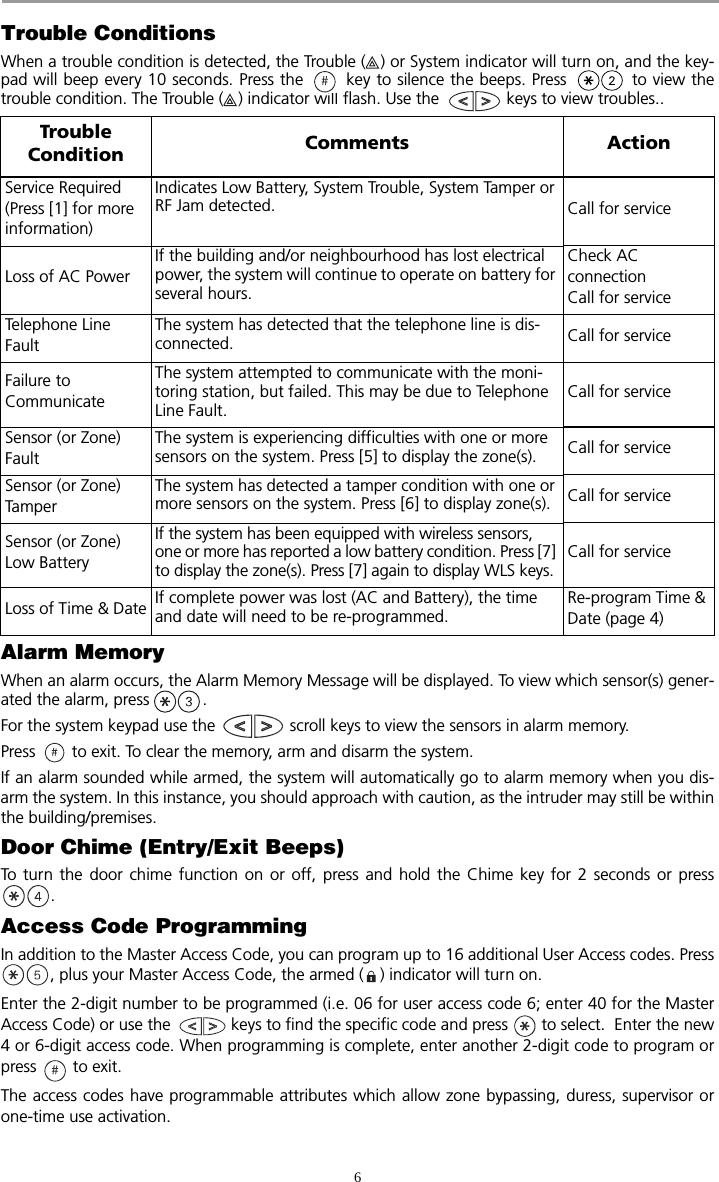 6Trouble ConditionsWhen a trouble condition is detected, the Trouble ( ) or System indicator will turn on, and the key-pad will beep every 10 seconds. Press the   key to silence the beeps. Press   to view thetrouble condition. The Trouble ( ) indicator will flash. Use the   keys to view troubles.. Alarm MemoryWhen an alarm occurs, the Alarm Memory Message will be displayed. To view which sensor(s) gener-ated the alarm, press . For the system keypad use the  scroll keys to view the sensors in alarm memory.Press   to exit. To clear the memory, arm and disarm the system.If an alarm sounded while armed, the system will automatically go to alarm memory when you dis-arm the system. In this instance, you should approach with caution, as the intruder may still be withinthe building/premises.Door Chime (Entry/Exit Beeps)To turn the door chime function on or off, press and hold the Chime key for 2 seconds or press. Access Code ProgrammingIn addition to the Master Access Code, you can program up to 16 additional User Access codes. Press, plus your Master Access Code, the armed ( ) indicator will turn on.Enter the 2-digit number to be programmed (i.e. 06 for user access code 6; enter 40 for the MasterAccess Code) or use the   keys to find the specific code and press   to select.  Enter the new4 or 6-digit access code. When programming is complete, enter another 2-digit code to program orpress   to exit. The access codes have programmable attributes which allow zone bypassing, duress, supervisor orone-time use activation.  Trouble Condition Comments ActionService Required (Press [1] for more information)Indicates Low Battery, System Trouble, System Tamper or RF Jam detected. Call for serviceLoss of AC PowerIf the building and/or neighbourhood has lost electrical power, the system will continue to operate on battery for several hours.Check AC connectionCall for serviceTelephone Line FaultThe system has detected that the telephone line is dis-connected. Call for serviceFailure to CommunicateThe system attempted to communicate with the moni-toring station, but failed. This may be due to Telephone Line Fault.Call for serviceSensor (or Zone) FaultThe system is experiencing difficulties with one or more sensors on the system. Press [5] to display the zone(s). Call for serviceSensor (or Zone) Tam perThe system has detected a tamper condition with one or more sensors on the system. Press [6] to display zone(s). Call for serviceSensor (or Zone) Low BatteryIf the system has been equipped with wireless sensors, one or more has reported a low battery condition. Press [7] to display the zone(s). Press [7] again to display WLS keys.Call for serviceLoss of Time &amp; Date If complete power was lost (AC and Battery), the time and date will need to be re-programmed.Re-program Time &amp; Date (page 4)