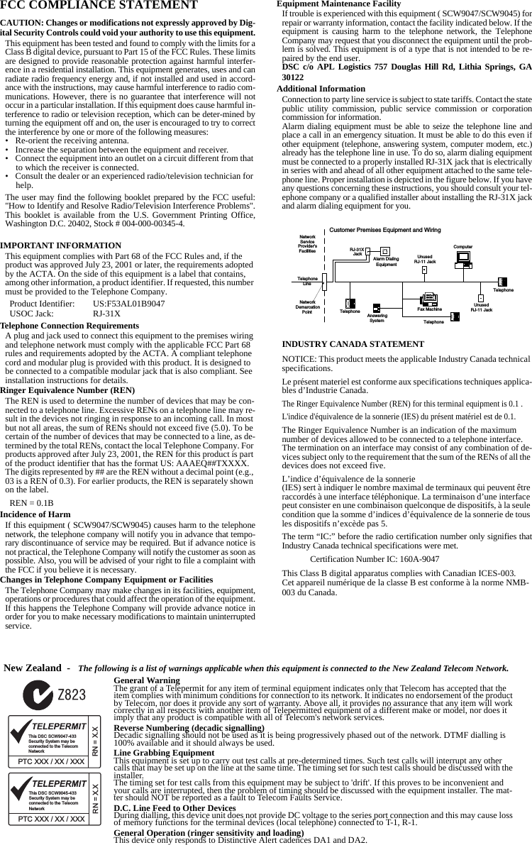 FCC COMPLIANCE STATEMENTCAUTION: Changes or modifications not expressly approved by Dig-ital Security Controls could void your authority to use this equipment.This equipment has been tested and found to comply with the limits for aClass B digital device, pursuant to Part 15 of the FCC Rules. These limitsare designed to provide reasonable protection against harmful interfer-ence in a residential installation. This equipment generates, uses and canradiate radio frequency energy and, if not installed and used in accord-ance with the instructions, may cause harmful interference to radio com-munications. However, there is no guarantee that interference will notoccur in a particular installation. If this equipment does cause harmful in-terference to radio or television reception, which can be deter-mined byturning the equipment off and on, the user is encouraged to try to correctthe interference by one or more of the following measures:• Re-orient the receiving antenna.• Increase the separation between the equipment and receiver.• Connect the equipment into an outlet on a circuit different from that to which the receiver is connected.• Consult the dealer or an experienced radio/television technician for help.The user may find the following booklet prepared by the FCC useful:&quot;How to Identify and Resolve Radio/Television Interference Problems&quot;.This booklet is available from the U.S. Government Printing Office,Washington D.C. 20402, Stock # 004-000-00345-4.IMPORTANT INFORMATIONThis equipment complies with Part 68 of the FCC Rules and, if the product was approved July 23, 2001 or later, the requirements adopted by the ACTA. On the side of this equipment is a label that contains, among other information, a product identifier. If requested, this number must be provided to the Telephone Company.  Product Identifier: US:F53AL01B9047  USOC Jack: RJ-31XTelephone Connection Requirements A plug and jack used to connect this equipment to the premises wiring and telephone network must comply with the applicable FCC Part 68 rules and requirements adopted by the ACTA. A compliant telephone cord and modular plug is provided with this product. It is designed to be connected to a compatible modular jack that is also compliant. See installation instructions for details.Ringer Equivalence Number (REN)The REN is used to determine the number of devices that may be con-nected to a telephone line. Excessive RENs on a telephone line may re-sult in the devices not ringing in response to an incoming call. In most but not all areas, the sum of RENs should not exceed five (5.0). To be certain of the number of devices that may be connected to a line, as de-termined by the total RENs, contact the local Telephone Company. For products approved after July 23, 2001, the REN for this product is part of the product identifier that has the format US: AAAEQ##TXXXX. The digits represented by ## are the REN without a decimal point (e.g., 03 is a REN of 0.3). For earlier products, the REN is separately shown on the label.  REN = 0.1BIncidence of HarmIf this equipment ( SCW9047/SCW9045) causes harm to the telephonenetwork, the telephone company will notify you in advance that tempo-rary discontinuance of service may be required. But if advance notice isnot practical, the Telephone Company will notify the customer as soon aspossible. Also, you will be advised of your right to file a complaint withthe FCC if you believe it is necessary.Changes in Telephone Company Equipment or FacilitiesThe Telephone Company may make changes in its facilities, equipment,operations or procedures that could affect the operation of the equipment.If this happens the Telephone Company will provide advance notice inorder for you to make necessary modifications to maintain uninterruptedservice.Equipment Maintenance FacilityIf trouble is experienced with this equipment ( SCW9047/SCW9045) forrepair or warranty information, contact the facility indicated below. If theequipment is causing harm to the telephone network, the TelephoneCompany may request that you disconnect the equipment until the prob-lem is solved. This equipment is of a type that is not intended to be re-paired by the end user.DSC c/o APL Logistics 757 Douglas Hill Rd, Lithia Springs, GA30122Additional InformationConnection to party line service is subject to state tariffs. Contact the statepublic utility commission, public service commission or corporationcommission for information.Alarm dialing equipment must be able to seize the telephone line andplace a call in an emergency situation. It must be able to do this even ifother equipment (telephone, answering system, computer modem, etc.)already has the telephone line in use. To do so, alarm dialing equipmentmust be connected to a properly installed RJ-31X jack that is electricallyin series with and ahead of all other equipment attached to the same tele-phone line. Proper installation is depicted in the figure below. If you haveany questions concerning these instructions, you should consult your tel-ephone company or a qualified installer about installing the RJ-31X jackand alarm dialing equipment for you.INDUSTRY CANADA STATEMENTNOTICE: This product meets the applicable Industry Canada technical specifications.Le présent materiel est conforme aux specifications techniques applica-bles d’Industrie Canada.The Ringer Equivalence Number (REN) for this terminal equipment is 0.1 .L&apos;indice d&apos;équivalence de la sonnerie (IES) du présent matériel est de 0.1.The Ringer Equivalence Number is an indication of the maximum number of devices allowed to be connected to a telephone interface. The termination on an interface may consist of any combination of de-vices subject only to the requirement that the sum of the RENs of all the devices does not exceed five.L’indice d’équivalence de la sonnerie(IES) sert à indiquer le nombre maximal de terminaux qui peuvent être raccordés à une interface téléphonique. La terminaison d’une interface peut consister en une combinaison quelconque de dispositifs, à la seule condition que la somme d’indices d’équivalence de la sonnerie de tous les dispositifs n’excède pas 5.The term “IC:” before the radio certification number only signifies thatIndustry Canada technical specifications were met.Certification Number IC: 160A-9047This Class B digital apparatus complies with Canadian ICES-003.Cet appareil numérique de la classe B est conforme à la norme NMB-003 du Canada.TelephoneComputerTelephoneTelephoneFax MachineAlarm DialingEquipmentRJ-31XJack UnusedRJ-11 JackTelephoneLineNetworkServiceProvider&apos;sFacilitiesCustomer Premises Equipment and WiringUnusedRJ-11 JackNetworkDemarcationPoint AnsweringSystemNew Zealand  -   The following is a list of warnings applicable when this equipment is connected to the New Zealand Telecom Network. General WarningThe grant of a Telepermit for any item of terminal equipment indicates only that Telecom has accepted that the item complies with minimum conditions for connection to its network. It indicates no endorsement of the product by Telecom, nor does it provide any sort of warranty. Above all, it provides no assurance that any item will work correctly in all respects with another item of Telepermitted equipment of a different make or model, nor does it imply that any product is compatible with all of Telecom&apos;s network services.Reverse Numbering (decadic signalling)Decadic signalling should not be used as it is being progressively phased out of the network. DTMF dialling is 100% available and it should always be used.Line Grabbing EquipmentThis equipment is set up to carry out test calls at pre-determined times. Such test calls will interrupt any other calls that may be set up on the line at the same time. The timing set for such test calls should be discussed with the installer.The timing set for test calls from this equipment may be subject to &apos;drift&apos;. If this proves to be inconvenient and your calls are interrupted, then the problem of timing should be discussed with the equipment installer. The mat-ter should NOT be reported as a fault to Telecom Faults Service.D.C. Line Feed to Other DevicesDuring dialling, this device unit does not provide DC voltage to the series port connection and this may cause loss of memory functions for the terminal devices (local telephone) connected to T-1, R-1.General Operation (ringer sensitivity and loading)This device only responds to Distinctive Alert cadences DA1 and DA2.This DSC SCW9047-433 Security System may be connected to the Telecom Network PTC XXX / XX / XXXX.X = NRThis DSC SCW9045-433 Security System may be connected to the Telecom Network PTC XXX / XX / XXXX.X = NR