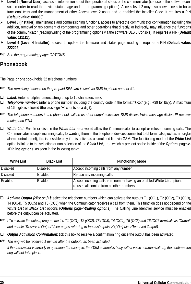 30 Universal Cellular CommunicatorLevel 2 (Normal User): access to information about the operational status of the communicator (i.e. use of the software con-sole in order to read the device status page and the programming options). Access level 2 may also allow access to basicfunctional tests and the management of other Access level 2 users and to enabled the Installer Code. It requires a PIN(Default value: 000000).Level 3 (Installer): maintenance and commissioning functions, access to affect the communicator configuration including theaddition, removal or replacement of components and other operations that directly, or indirectly, may influence the functionsof the communicator (reading/writing of the programming options via the software DLS 5 Console). It requires a PIN (Defaultvalue: 111111).Level 4 (Level 4 Installer): access to update the firmware and status page reading It requires a PIN (Default value:222222).See the programming page: OPTIONS.PhonebookThe Page phonebook holds 32 telephone numbers.The remaining balance on the pre-paid SIM card is sent via SMS to phone number #1.Label: Enter an alphanumeric string of up to 16 characters max.Telephone number: Enter a phone number including the country code in the format “+xxx” (e.g.: +39 for Italy). A maximumof 16 digits is allowed (the plus sign “+” counts as a digit). The telephone numbers in the phonebook will be used for output activation, SMS dialler, Voice message dialler, IP receiverrouting and PTM.White List: Enable or disable the White List area would allow the Communicator to accept or refuse incoming calls. TheCommunicator accepts incoming calls, forwarding them to the telephone devices connected to LI terminals (such as a burglaralarm control panel); this is possible only if LI is active as a simulated line via GSM. The functioning mode of the White Listoption is linked to the selection or non-selection of the Black List, area which is present on the inside of the Options page-&gt;-&gt;Dialing options, as seen in the following table:Activate Output (click on [+]: select the telephone numbers which can activate the outputs T1 (OC1), T2 (OC2), T3 (OC3),T4 (OC4), T5 (OC5) and T6 (OC6) when the Communicator receives a call from them. This function does not depend on theWhite List or Black List options (Options page-&gt;Dialing options). The Calling Line Identifier service must be enabledbefore the output can be activated. I To activate the output, programme the T1 (OC1), T2 (OC2), T3 (OC3), T4 (OC4), T5 (OC5) and T6 (OC6 terminals as &quot;Output&quot;and enable &quot;Reserved Output&quot; (see pages referring to Inputs/Outputs-&gt;[+] Outputs-&gt;Reserved Output).Output Activation Confirmation: tick this box to receive a confirmation ring once the output has been activated.The ring will be received 1 minute after the output has been activated.If the transmitter is already in operation (for example: the GSM channel is busy with a voice communication), the confirmationring will not take place.White List Black List Functioning ModeDisabled Disabled Accept incoming calls from any number.Disabled Enabled Refuse any incoming calls.Enabled Enabled Accept incoming calls from number having an enabled White List option, refuse call coming from all other numbers