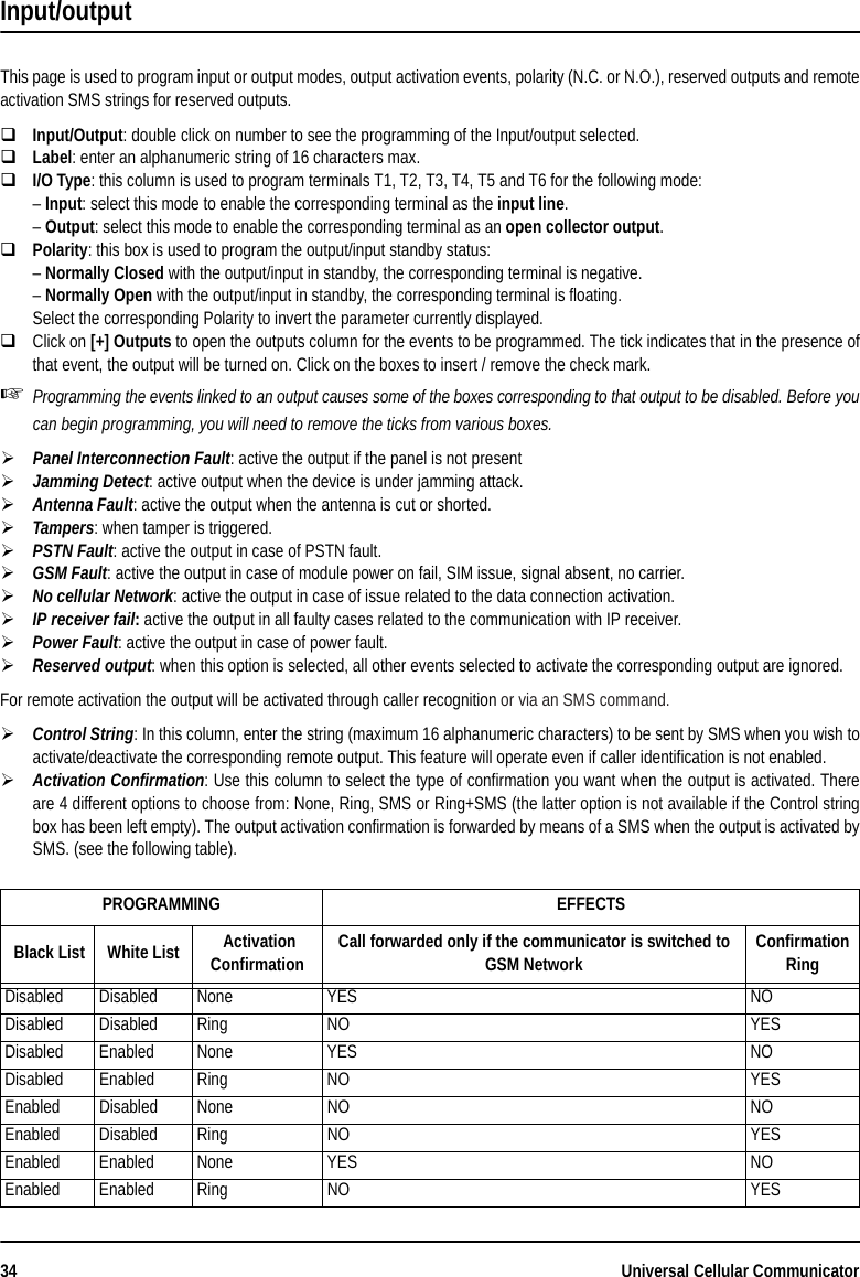 34 Universal Cellular CommunicatorInput/output This page is used to program input or output modes, output activation events, polarity (N.C. or N.O.), reserved outputs and remoteactivation SMS strings for reserved outputs.Input/Output: double click on number to see the programming of the Input/output selected.Label: enter an alphanumeric string of 16 characters max.I/O Type: this column is used to program terminals T1, T2, T3, T4, T5 and T6 for the following mode:– Input: select this mode to enable the corresponding terminal as the input line.– Output: select this mode to enable the corresponding terminal as an open collector output.Polarity: this box is used to program the output/input standby status:– Normally Closed with the output/input in standby, the corresponding terminal is negative.– Normally Open with the output/input in standby, the corresponding terminal is floating.Select the corresponding Polarity to invert the parameter currently displayed.Click on [+] Outputs to open the outputs column for the events to be programmed. The tick indicates that in the presence ofthat event, the output will be turned on. Click on the boxes to insert / remove the check mark.Programming the events linked to an output causes some of the boxes corresponding to that output to be disabled. Before youcan begin programming, you will need to remove the ticks from various boxes.Panel Interconnection Fault: active the output if the panel is not presentJamming Detect: active output when the device is under jamming attack.Antenna Fault: active the output when the antenna is cut or shorted.Tampers: when tamper is triggered.PSTN Fault: active the output in case of PSTN fault.GSM Fault: active the output in case of module power on fail, SIM issue, signal absent, no carrier.No cellular Network: active the output in case of issue related to the data connection activation.       IP receiver fail: active the output in all faulty cases related to the communication with IP receiver.Power Fault: active the output in case of power fault.Reserved output: when this option is selected, all other events selected to activate the corresponding output are ignored.For remote activation the output will be activated through caller recognition or via an SMS command.Control String: In this column, enter the string (maximum 16 alphanumeric characters) to be sent by SMS when you wish toactivate/deactivate the corresponding remote output. This feature will operate even if caller identification is not enabled.Activation Confirmation: Use this column to select the type of confirmation you want when the output is activated. Thereare 4 different options to choose from: None, Ring, SMS or Ring+SMS (the latter option is not available if the Control stringbox has been left empty). The output activation confirmation is forwarded by means of a SMS when the output is activated bySMS. (see the following table).PROGRAMMING EFFECTS Black List White List  Activation Confirmation Call forwarded only if the communicator is switched to GSM Network Confirmation Ring Disabled Disabled None YES NODisabled Disabled Ring NO YESDisabled Enabled None YES NODisabled Enabled Ring NO YESEnabled Disabled None NO NOEnabled Disabled Ring NO YESEnabled Enabled None YES NOEnabled Enabled Ring NO YES