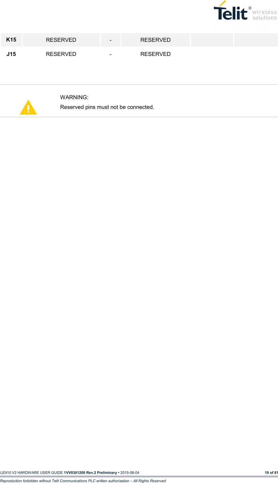   LE910 V2 HARDWARE USER GUIDE 1VV0301200 Rev.2 Preliminary • 2015-08-04 19 of 81 Reproduction forbidden without Telit Communications PLC written authorization – All Rights Reserved     WARNING: Reserved pins must not be connected.    K15 RESERVED - RESERVED   J15 RESERVED - RESERVED   