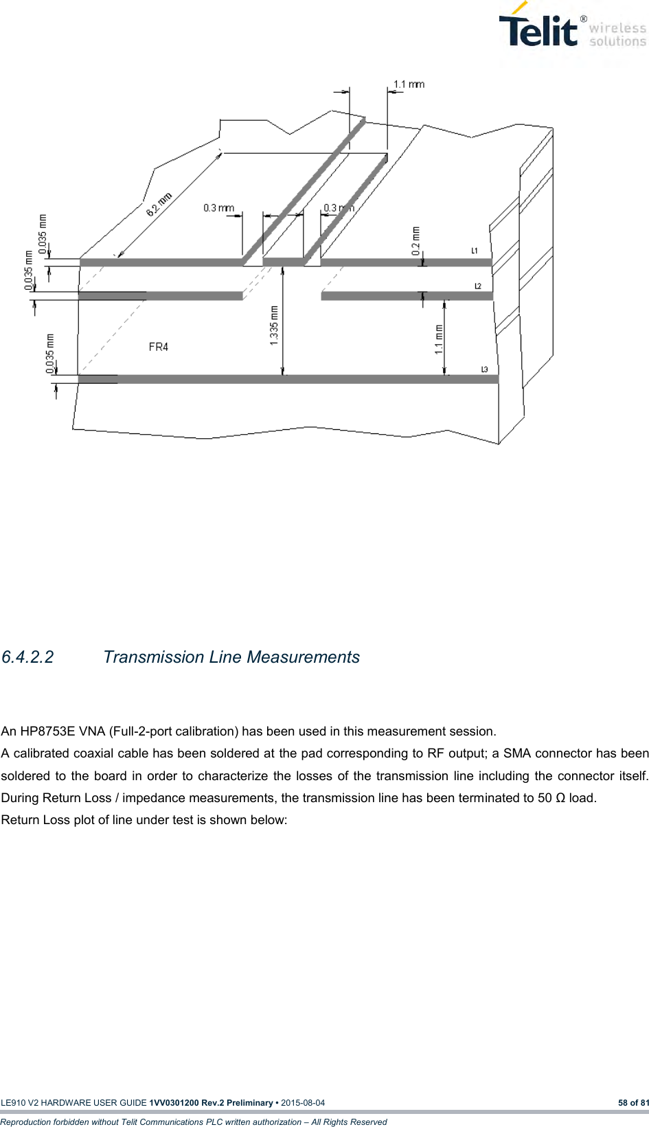   LE910 V2 HARDWARE USER GUIDE 1VV0301200 Rev.2 Preliminary • 2015-08-04 58 of 81 Reproduction forbidden without Telit Communications PLC written authorization – All Rights Reserved                                 6.4.2.2  Transmission Line Measurements  An HP8753E VNA (Full-2-port calibration) has been used in this measurement session.  A calibrated coaxial cable has been soldered at the pad corresponding to RF output; a SMA connector has been soldered  to  the  board in order to characterize the losses  of the transmission line including the connector itself. During Return Loss / impedance measurements, the transmission line has been terminated to 50 Ω load. Return Loss plot of line under test is shown below: 