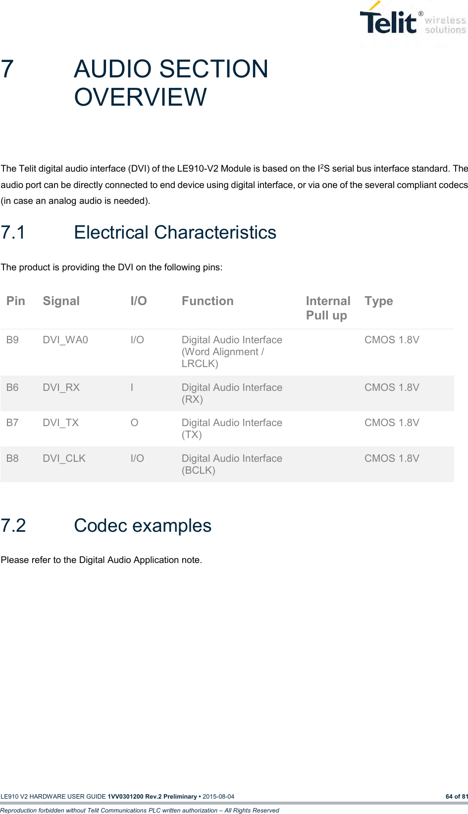   LE910 V2 HARDWARE USER GUIDE 1VV0301200 Rev.2 Preliminary • 2015-08-04 64 of 81 Reproduction forbidden without Telit Communications PLC written authorization – All Rights Reserved 7  AUDIO SECTION OVERVIEW The Telit digital audio interface (DVI) of the LE910-V2 Module is based on the I2S serial bus interface standard. The audio port can be directly connected to end device using digital interface, or via one of the several compliant codecs (in case an analog audio is needed). 7.1  Electrical Characteristics The product is providing the DVI on the following pins:  7.2  Codec examples Please refer to the Digital Audio Application note.  Pin Signal I/O Function Internal Pull up Type B9 DVI_WA0 I/O Digital Audio Interface (Word Alignment / LRCLK)  CMOS 1.8V B6 DVI_RX I Digital Audio Interface (RX)  CMOS 1.8V B7 DVI_TX O Digital Audio Interface (TX)  CMOS 1.8V B8 DVI_CLK I/O Digital Audio Interface (BCLK)  CMOS 1.8V 