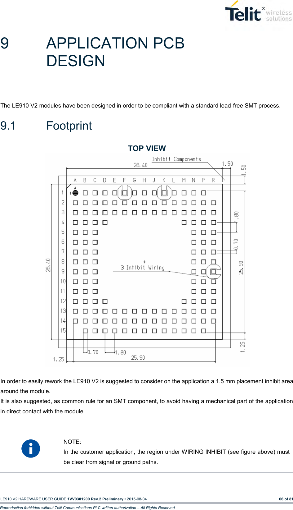   LE910 V2 HARDWARE USER GUIDE 1VV0301200 Rev.2 Preliminary • 2015-08-04 66 of 81 Reproduction forbidden without Telit Communications PLC written authorization – All Rights Reserved 9  APPLICATION PCB DESIGN The LE910 V2 modules have been designed in order to be compliant with a standard lead-free SMT process. 9.1  Footprint TOP VIEW                       In order to easily rework the LE910 V2 is suggested to consider on the application a 1.5 mm placement inhibit area around the module. It is also suggested, as common rule for an SMT component, to avoid having a mechanical part of the application in direct contact with the module.    NOTE: In the customer application, the region under WIRING INHIBIT (see figure above) must be clear from signal or ground paths. 