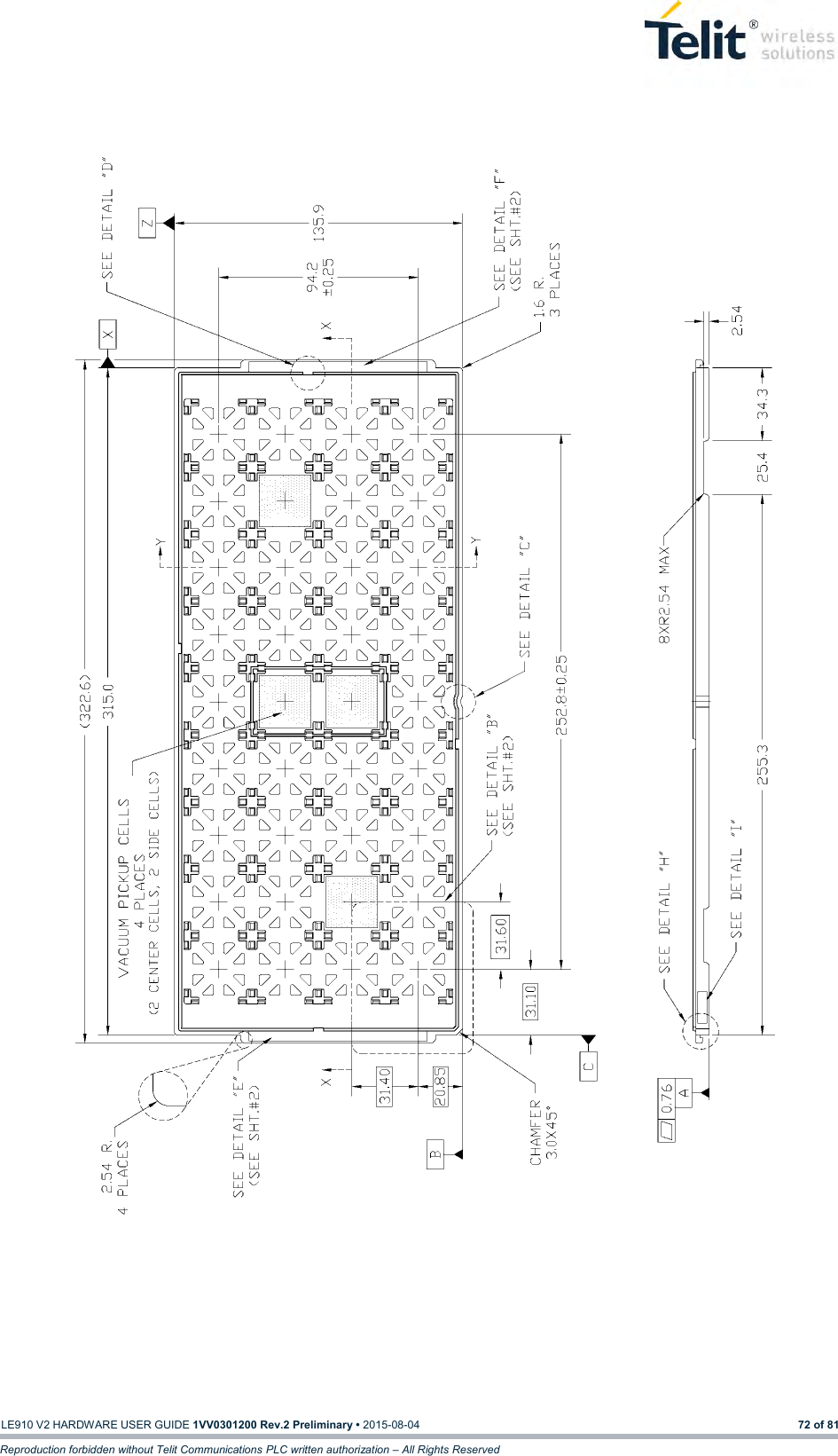   LE910 V2 HARDWARE USER GUIDE 1VV0301200 Rev.2 Preliminary • 2015-08-04 72 of 81 Reproduction forbidden without Telit Communications PLC written authorization – All Rights Reserved     