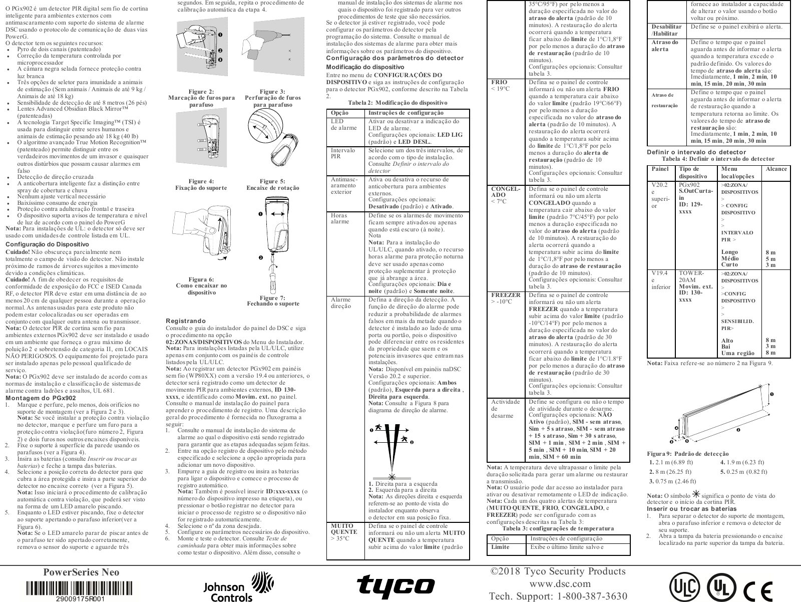 PowerSeries Neo &copy;2018 Tyco Security Productswww.dsc.comTech. Support: 1-800-387-3630O PGx902 &eacute; um detector PIR digital sem fio de cortinainteligente para ambientes externos comantimascaramento com suporte do sistema de alarmeDSC usando o protocolo de comunica&ccedil;&atilde;o de duas viasPowerG.O detector tem os seguintes recursos:lPyro de dois canais (patenteado)lCorre&ccedil;&atilde;o da temperatura controlada pormicroprocessadorlA c&acirc;mara negra selada fornece prote&ccedil;&atilde;o contraluz brancalTr&ecirc;s op&ccedil;&otilde;es de seletor para imunidade a animaisde estima&ccedil;&atilde;o (Sem animais / Animais de at&eacute; 9 kg /Animais de at&eacute; 18 kg)lSensibilidade de detec&ccedil;&atilde;o de at&eacute; 8 metros (26 p&eacute;s)lLentes Advanced Obsidian Black Mirror&trade;(patenteadas)lA tecnologia Target Specific Imaging&trade; (TSI) &eacute;usada para distinguir entre seres humanos eanimais de estima&ccedil;&atilde;o pesando at&eacute; 18 kg (40 lb)lO algoritmo avan&ccedil;ado True Motion Recognition&trade;(patenteado) permite distinguir entre osverdadeiros movimentos de um invasor e quaisqueroutros dist&uacute;rbios que possam causar alarmes emfalsolDetec&ccedil;&atilde;o de dire&ccedil;&atilde;o cruzadalA anticobertura inteligente faz a distin&ccedil;&atilde;o entrespray de cobertura e chuvalNenhum ajuste vertical necess&aacute;riolBaix&iacute;ssimo consumo de energialProte&ccedil;&atilde;o contra adultera&ccedil;&atilde;o frontal e traseiralO dispositivo suporta avisos de temperatura e n&iacute;velde luz de acordo com o painel do PowerGNota: Para instala&ccedil;&otilde;es de UL: o detector s&oacute; deve serusado com unidades de controle listada e m UL.Configura&ccedil;&atilde;o do DispositivoCuidado! N&atilde;o obscure&ccedil;a parcialmente nemtotalmente o campo de vis&atilde;o do detector. N&atilde;o instalepr&oacute;ximo de ramos de &aacute;rvores sujeitos a movimentodevido a condi&ccedil;&otilde;es clim&aacute;ticas.Cuidado! A fim de obedecer os requisitos deconformidade de exposi&ccedil;&atilde;o do FCC e ISED CanadaRF, o detector PIR deve estar em uma dist&acirc;ncia de aomenos 20 cm de qualquer pessoa durante a opera&ccedil;&atilde;onormal. As antenas usadas para este produto n&atilde;opodem estar colocalizadas ou ser operadas emconjunto com qualquer outra antena ou transmissor.Nota: O detector PIR de cortina sem fio paraambientes e xternos PGx902 deve ser instalado e usadoem um ambiente que forne&ccedil;a o grau m&aacute;ximo depolui&ccedil;&atilde;o 2 e sobretens&atilde;o de categoria II, em LOCAISN&Atilde;O PERIGOSOS. O equipamento foi projetado paraser instalado apenas pelo pessoal qualificado deservi&ccedil;o.Nota: O PGx902 deve ser instalado de acordo com asnormas de instala&ccedil;&atilde;o e classifica&ccedil;&atilde;o de sistemas dealarme contra ladr&otilde;es e assaltos, UL 681.Montagem do PGx9021. Marque e perfure, pelo menos, dois orif&iacute;cios nosuporte de montagem (ver a Figura 2 e 3).Nota: Se voc&ecirc; instalar a prote&ccedil;&atilde;o contra viola&ccedil;&atilde;ono detector, marque e perfure um furo para aprote&ccedil;&atilde;o contra viola&ccedil;&atilde;o(furo n&uacute;mero 2, Figura2) e dois furos nos outros encaixes dispon&iacute;veis.2. Fixe o suporte &agrave; superf&iacute;cie da parede usando osparafusos (ver a Figura 4).3. Insira as baterias (consulte Inserir ou trocar asbaterias) e feche a tampa das baterias.4. Selecione a posi&ccedil;&atilde;o correta do detector para quecubra a &aacute;rea protegida e insira a parte superior dodetector no encaixe correto (ver a Figura 5).Nota: Isso iniciar&aacute; o procedimento de calibra&ccedil;&atilde;oautom&aacute;tica contra viola&ccedil;&atilde;o, que poder&aacute; ser vistona forma de um LED amarelo piscando.5. Enquanto o LED estiver piscando, fixe o detectorao suporte apertando o parafuso inferior(ver aFigura 6).Nota: Se o LED amarelo parar de piscar antes deo parafuso ter sido apertado corretamente,remova o sensor do suporte e aguarde tr&ecirc;ssegundos. Em seguida, repita o procedimento decalibra&ccedil;&atilde;o autom&aacute;tica da etapa 4.Figure 2:Marca&ccedil;&atilde;o de furos paraparafusoFigure 3:Perfura&ccedil;&atilde;o de furospara parafusoFigure 4:Fixa&ccedil;&atilde;o do suporte Figure 5:Encaixe de rota&ccedil;&atilde;oFigura 6:Como encaixar nodispositivo Figure 7:Fechando o suporteRegistrandoConsulte o guia do instalador do painel do DSC e sigao procedimento na op&ccedil;&atilde;o02:ZONAS/DISPOSITIVOS do Menu do Instalador.Nota: Para instala&ccedil;&otilde;es listadas pela UL/ULC, utilizeapenas em conjunto com os pain&eacute;is de controlelistados pe la UL/ULC.Nota: Ao registrar um detector PGx902 em pain&eacute;issem fio (WP80XX) com a vers&atilde;o 19.4 ou anteriores, odetector ser&aacute; registrado como um detector demovimento PIR para ambientes externos, ID 130-xxxx, e identificado como Movim. ext. no painel.Consulte o manual de instala&ccedil;&atilde;o do painel paraaprender o procedimento de registro. Uma descri&ccedil;&atilde;ogeral do procedimento &eacute; fornecida no fluxograma aseguir:1. Consulte o manual de instala&ccedil;&atilde;o do sistema dealarme ao qual o dispositivo est&aacute; sendo registradopara garantir que as etapas adequadas sejam feitas.2. Entre na op&ccedil;&atilde;o registro de dispositivo pelo m&eacute;todoespecificado e selecione a op&ccedil;&atilde;o apropriada paraadicionar um novo dispositivo.3. Empurre a guia de registro ou insira as bateriaspara ligar o dispositivo e comece o processo deregistro autom&aacute;tico.Nota: Tamb&eacute;m &eacute; poss&iacute;vel inserir ID:xxx-xxxx (on&uacute;mero do dispositivo impresso na etiqueta), oupressionar o bot&atilde;o registrar no detector parainiciar o processo de registro se o dispositivo n&atilde;ofor registrado automaticamente.4. Selecione o n&ordm; da zona desejada.5. Configure os par&acirc;metros necess&aacute;rios do dispositivo.6. Monte e teste o detector. Consulte Teste decaminhada para obter mais informa&ccedil;&otilde;es sobrecomo testar o dispositivo. Al&eacute;m disso, consulte omanual de instala&ccedil;&atilde;o dos sistemas de alarme nosquais o dispositivo foi registrado para ver outrosprocedimentos de teste que s&atilde;o necess&aacute;rios.Se o detector j&aacute; estiver registrado, voc&ecirc; podeconfigurar os par&acirc;metros do detector pelaprograma&ccedil;&atilde;o do sistema. Consulte o manual deinstala&ccedil;&atilde;o dos sistemas de alarme para obter maisinforma&ccedil;&otilde;es sobre os par&acirc;metros do dispositivo.Configura&ccedil;&atilde;o dos par&acirc;metros do detectorModifica&ccedil;&atilde;o do dispositivoEntre no menu de CONFIGURA&Ccedil;&Otilde;ES DODISPOSITIVO e siga as instru&ccedil;&otilde;es de configura&ccedil;&atilde;opara o detector PGx902, conforme descrito na Tabela2. Tabela 2: Modifica&ccedil;&atilde;o do dispositivoOp&ccedil;&atilde;o Instru&ccedil;&otilde;es de configura&ccedil;&atilde;oLEDde alarme Ativar ou desativar a indica&ccedil;&atilde;o doLED de alarme.Configura&ccedil;&otilde;es opcionais: LED LIG(padr&atilde;o) e LED DESL..IntervaloPIR Selecione um dos tr&ecirc;s intervalos, deacordo com o tipo de instala&ccedil;&atilde;o.Consulte Definir o intervalo dodetectorAntimasc-aramentoexteriorAtiva ou desativa o recurso deanticobertura para ambientesexternos.Configura&ccedil;&otilde;es opcionais:Desativado (padr&atilde;o) e Ativado.Horasalarme Define se os alarmes de movimentofica m sempre ativados ou apenasquando est&aacute; escuro (&agrave; noite).NotaNota:Para a instala&ccedil;&atilde;o doUL/ULC, quando ativado, o recursohoras alarme para prote&ccedil;&atilde;o noturnadeve ser usado apenas comoprote&ccedil;&atilde;o suplementar &agrave; prote&ccedil;&atilde;oque j&aacute; abrange a &aacute;rea.Configura&ccedil;&otilde;es opcionais: Dia enoite (padr&atilde;o) e Somente noite.Alarmedire&ccedil;&atilde;o Defina a dire&ccedil;&atilde;o da detec&ccedil;&atilde;o. Afun&ccedil;&atilde;o de dire&ccedil;&atilde;o do alarme podereduzir a probabilidade de alarmesfalsos em mais da metade quando odetector &eacute; instalado ao lado de umaporta ou port&atilde;o, pois o dispositivo pode diferenciar entre os residentes da propriedade que saem e os potenciais invasores que entram nas instala&ccedil;&otilde;es.Nota: Dispon&iacute;vel em pain&eacute;is naDSC Vers&atilde;o 20.2 e superior. Configura&ccedil;&otilde;es opcionais: Ambos (padr&atilde;o), Esquerda para a direita , Direita para esquerda.Nota:Consulte a Figura 8 para diagrama de dire&ccedil;&atilde;o de alarme.1. Direita para a esquerda2. Esquerda para a direitaNota: As dire&ccedil;&otilde;es direita e esquerda referem-se ao ponto de vista do instalador enquanto observao detector em sua posi&ccedil;&atilde;o fixa.MUITOQUENTE> 35&deg;CDefina se o painel de controleinformar&aacute; ou n&atilde;o um alerta MUITOQUENTE quando a temperaturasubir acima do valor limite (padr&atilde;o35&deg;C/95&deg;F) por pelo menos adura&ccedil;&atilde;o especificada no valor doatraso do alerta (padr&atilde;o de 10minutos). A restaura&ccedil;&atilde;o do alertaocorrer&aacute; quando a temperaturaficar abaixo do limite de 1&deg;C/1,8&deg;Fpor pelo menos a dura&ccedil;&atilde;o do atrasode restaura&ccedil;&atilde;o (padr&atilde;o de 10minutos).Configura&ccedil;&otilde;es opcionais: Consultartabela 3.FRIO< 19&deg;C Defina se o painel de controleinformar&aacute; ou n&atilde;o um alerta FRIOquando a temperatura cair abaixodo valor limite (padr&atilde;o 19&deg;C/66&deg;F)por pelo menos a dura&ccedil;&atilde;oespecificada no valor do atraso doalerta (padr&atilde;o de 10 minutos). Arestaura&ccedil;&atilde;o do alerta ocorrer&aacute;quando a temperatura subir acimado limite de 1&deg;C/1,8&deg;F por pelomenos a dura&ccedil;&atilde;o do alerta derestaura&ccedil;&atilde;o (padr&atilde;o de 10minutos).Configura&ccedil;&otilde;es opcionais: Consultartabela 3.CONGEL-ADO< 7&deg;CDefina se o painel de controleinformar&aacute; ou n&atilde;o um alertaCONGELADO quando atemperatura cair abaixo do valorlimite (padr&atilde;o 7&deg;C/45&deg;F) por pelomenos a dura&ccedil;&atilde;o especificada novalor do atraso do alerta (padr&atilde;ode 10 minutos). A restaura&ccedil;&atilde;o doalerta ocorrer&aacute; quando atemperatura subir acima do limitede 1&deg;C/1,8&deg;F por pelo menos adura&ccedil;&atilde;o do atraso de restaura&ccedil;&atilde;o(padr&atilde;o de 10 minutos).Configura&ccedil;&otilde;es opcionais: Consultartabela 3.FREEZER> -10&deg;C Defina se o painel de controleinformar&aacute; ou n&atilde;o um alertaFREEZER quando a temperaturasubir acima do valor limite (padr&atilde;o-10&deg;C/14&deg;F) por pelo menos adura&ccedil;&atilde;o especificada no valor doatraso do alerta (padr&atilde;o de 30minutos). A restaura&ccedil;&atilde;o do alertaocorrer&aacute; quando a temperaturaficar abaixo do limite de 1&deg;C/1.8&deg;Fpor pelo menos a dura&ccedil;&atilde;o do atrasode restaura&ccedil;&atilde;o (padr&atilde;o de 30minutos).Configura&ccedil;&otilde;es opcionais: Consultartabela 3.ActividadededesarmeDefine se configura ou n&atilde;o o tempode atividade durante o desarme.Configura&ccedil;&otilde;es opcionais: N&Atilde;OAtivo (padr&atilde;o), SIM - sem atraso,Sim + 5 s atraso,SIM - sem atraso+ 15 s atraso,Sim + 30 s atraso,SIM + 1 min ,SIM + 2 min ,SIM +5 min ,SIM + 10 min,SIM + 20min,SIM + 60 minNota:A temperatura deve ultrapassar o limite peladura&ccedil;&atilde;o solicitada para gerar um alarme ou restaurara transmiss&atilde;o.Nota: O usu&aacute;rio pode dar acesso ao instalador paraativar ou desativar remotamente o LED de indica&ccedil;&atilde;o.Nota: Cada um dos quatro alertas de temperatura(MUITO QUENTE,FRIO,CONGELADO, eFREEZER) pode ser configurado com asconfigura&ccedil;&otilde;es descritas na Tabela 3:Tabela 3: configura&ccedil;&otilde;es de temperaturaOp&ccedil;&atilde;o Instru&ccedil;&otilde;es de configura&ccedil;&atilde;oLimite Exibe o &uacute;ltimo limite salvo efornece ao instalador a capacidadede alterar o valor usando o bot&atilde;ovoltar ou pr&oacute;ximo.Desabilitar/HabilitarDefine se o painel exibir&aacute; o alerta.Atraso doalertaDefine o tempo que o painelaguarda antes de informar o alertaquando a temperatura excede opadr&atilde;o definido. Os valores dotempo de atraso do alerta s&atilde;o:Imediatamente, 1 min,2 min,10min,15 min,20 min,30 minAtraso derestaura&ccedil;&atilde;oDefine o tempo que o painelaguarda antes de informar o alertade restaura&ccedil;&atilde;o quando atemperatura retorna ao limite. Osvalores do tempo de atraso derestaura&ccedil;&atilde;o s&atilde;o:Imediatamente, 1 min,2 min,10min,15 min,20 min,30 minDefinir o intervalo do detectorTabela 4: Definir o intervalo do detectorPainel Tipo dedispositivoMenulocal/op&ccedil;&otilde;esAlcanceV20.2esuperi-orPGx902S.OutCurta-inID: 129-xxxx>02:ZONA/DISPOSITIVOS>>CONFIGDISPOSITIVO>>INTERVALOPIR >LongoM&eacute;dioCurto8 m5 m3 mV19.4einferiorTOWER-20AMMovim. ext.ID: 130-xxxx>02:ZONA/DISPOSITIVOS>>CONFIGDISPOSITIVO>>SENSIBILID.PIR>AltoBaiUma regi&atilde;o8 m3 m8 mNota:Faixa refere-se ao n&uacute;mero 2 na Figura 9.Figura 9: Padr&atilde;o de detec&ccedil;&atilde;o1. 2.1 m (6.89 ft) 4. 1.9 m (6.23 ft)2. 8 m (26.25 ft) 5. 0.25 m (0.82 ft)3. 0.75 m (2.46 ft)Nota: O s&iacute;mbolo significa o ponto de vista dodetector e o in&iacute;cio da cortina PIR.Inserir ou trocar as baterias1. Para separar o detector do suporte de montagem,abra o parafuso inferior e remova o detector deseu suporte.2. Abra a tampa da bateria pressionando o encaixelocalizado na parte superior da tampa da bateria.