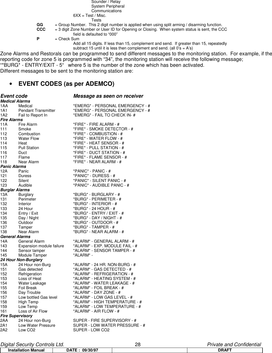 Digital Security Controls Ltd.                   28                                               Private and ConfidentialInstallation Manual DATE :  09/30/97 DRAFTSounder / RelaySystem PeripheralCommunications6XX = Test / Misc.TestsGG = Group Number.  This 2 digit number is applied when using split arming / disarming function.CCC  = 3 digit Zone Number or User ID for Opening or Closing.  When system status is sent, the CCC field is defaulted to “000”P= Check SumAdd all 15 digits. If less than 15, complement and send.  If greater than 15, repeatedly subtract 15 until it is less then complement and send. (all 0’s = A’s)Zone Alarms and Restorals can be programmed to send different messages to the monitoring station.  For example, if thereporting code for zone 5 is programmed with “34”, the monitoring station will receive the following message;“*BURG* - ENTRY/EXIT - 5“   where 5 is the number of the zone which has been activated.Different messages to be sent to the monitoring station are:• EVENT CODES (as per ADEMCO)Event code  Message as seen on receiverMedical Alarms1AA Medical *EMERG* - PERSONAL EMERGENCY - #1A1 Pendant Transmitter *EMERG* - PERSONAL EMERGENCY - #1A2 Fail to Report In *EMERG* - FAIL TO CHECK IN- #Fire Alarms11A Fire Alarm *FIRE* - FIRE ALARM - #111 Smoke *FIRE* - SMOKE DETECTOR - #112 Combustion *FIRE* - COMBUSTION - #113 Water Flow *FIRE* - WATER FLOW - #114 Heat *FIRE* - HEAT SENSOR - #115 Pull Station *FIRE* - PULL STATION - #116 Duct *FIRE* - DUCT STATION - #117 Flame *FIRE* - FLAME SENSOR - #118 Near Alarm *FIRE* - NEAR ALARM - #Panic Alarms12A Panic *PANIC* - PANIC - #121 Duress *PANIC* - DURESS - #122 Silent *PANIC* - SILENT PANIC - #123 Audible  *PANIC* - AUDIBLE PANIC - #Burglar Alarms13A Burglary *BURG* - BURGLARY - #131 Perimeter *BURG* - PERIMETER - #132 Interior *BURG* - INTERIOR - #133 24 Hour *BURG* - 24 HOUR - #134 Entry / Exit *BURG* - ENTRY / EXIT - #135 Day / Night *BURG* - DAY / NIGHT - #136 Outdoor *BURG* - OUTDOOR - #137 Tamper *BURG* - TAMPER - #138 Near Alarm *BURG* - NEAR ALARM - #General Alarms14A General Alarm *ALARM* - GENERAL ALARM - #143 Expansion module failure *ALARM* - EXP. MODULE FAIL - #144 Sensor tamper *ALARM* - SENSOR TAMPER - #145 Module Tamper *ALARM* -24 Hour Non-Burglary15A 24 Hour non-Burg *ALARM* - 24 HR. NON-BURG - #151 Gas detected *ALARM* - GAS DETECTED - #152 Refrigeration *ALARM* - REFRIGERATION - #153 Loss of Heat *ALARM* - HEATING SYSTEM - #154 Water Leakage *ALARM* - WATER LEAKAGE - #155 Foil Break *ALARM* - FOIL BREAK - #156 Day Trouble *ALARM* - DAY ZONE - #157 Low bottled Gas level *ALARM* - LOW GAS LEVEL - #158 High Temp *ALARM* - HIGH TEMPERATURE - #159 Low Temp *ALARM* - LOW TEMPERATURE - #161 Loss of Air Flow *ALARM* - AIR FLOW - #Fire Supervisory2AA 24 Hour non-Burg SUPER - FIRE SUPERVISORY - #2A1 Low Water Pressure SUPER - LOW WATER PRESSURE - #2A2 Low CO2 SUPER - LOW CO2