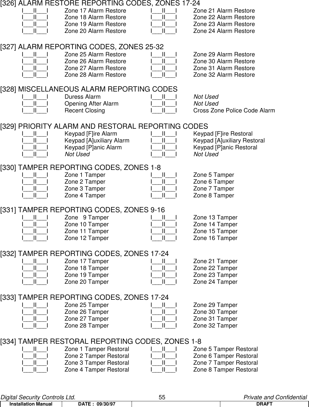 Digital Security Controls Ltd.                   55                                               Private and ConfidentialInstallation Manual DATE :  09/30/97 DRAFT[326] ALARM RESTORE REPORTING CODES, ZONES 17-24I___II___I Zone 17 Alarm Restore I___II___I Zone 21 Alarm RestoreI___II___I Zone 18 Alarm Restore   I___II___I Zone 22 Alarm RestoreI___II___I Zone 19 Alarm Restore I___II___I Zone 23 Alarm RestoreI___II___I Zone 20 Alarm Restore I___II___I Zone 24 Alarm Restore[327] ALARM REPORTING CODES, ZONES 25-32I___II___I Zone 25 Alarm Restore I___II___I Zone 29 Alarm RestoreI___II___I Zone 26 Alarm Restore I___II___I Zone 30 Alarm RestoreI___II___I Zone 27 Alarm Restore I___II___I Zone 31 Alarm RestoreI___II___I Zone 28 Alarm Restore I___II___I Zone 32 Alarm Restore[328] MISCELLANEOUS ALARM REPORTING CODESI___II___I Duress Alarm I___II___I Not UsedI___II___I Opening After Alarm I___II___I  Not UsedI___II___I Recent Closing  I___II___I Cross Zone Police Code Alarm[329] PRIORITY ALARM AND RESTORAL REPORTING CODESI___II___I Keypad [F]ire Alarm I___II___I Keypad [F]ire RestoralI___II___I Keypad [A]uxiliary Alarm I___II___I Keypad [A]uxiliary RestoralI___II___I Keypad [P]anic Alarm I___II___I Keypad [P]anic RestoralI___II___I Not Used I___II___I Not Used[330] TAMPER REPORTING CODES, ZONES 1-8I___II___I Zone 1 Tamper  I___II___I Zone 5 TamperI___II___I Zone 2 Tamper I___II___I Zone 6 TamperI___II___I Zone 3 Tamper I___II___I Zone 7 TamperI___II___I Zone 4 Tamper I___II___I Zone 8 Tamper[331] TAMPER REPORTING CODES, ZONES 9-16I___II___I Zone   9 Tamper I___II___I Zone 13 TamperI___II___I Zone 10 Tamper I___II___I Zone 14 TamperI___II___I Zone 11 Tamper I___II___I Zone 15 TamperI___II___I Zone 12 Tamper I___II___I Zone 16 Tamper[332] TAMPER REPORTING CODES, ZONES 17-24I___II___I Zone 17 Tamper I___II___I Zone 21 TamperI___II___I Zone 18 Tamper I___II___I Zone 22 TamperI___II___I Zone 19 Tamper I___II___I Zone 23 TamperI___II___I Zone 20 Tamper I___II___I Zone 24 Tamper[333] TAMPER REPORTING CODES, ZONES 17-24I___II___I Zone 25 Tamper I___II___I Zone 29 TamperI___II___I Zone 26 Tamper I___II___I Zone 30 TamperI___II___I Zone 27 Tamper I___II___I Zone 31 TamperI___II___I Zone 28 Tamper I___II___I Zone 32 Tamper[334] TAMPER RESTORAL REPORTING CODES, ZONES 1-8I___II___I Zone 1 Tamper Restoral I___II___I Zone 5 Tamper RestoralI___II___I Zone 2 Tamper Restoral I___II___I Zone 6 Tamper RestoralI___II___I Zone 3 Tamper Restoral I___II___I Zone 7 Tamper RestoralI___II___I Zone 4 Tamper Restoral I___II___I Zone 8 Tamper Restoral