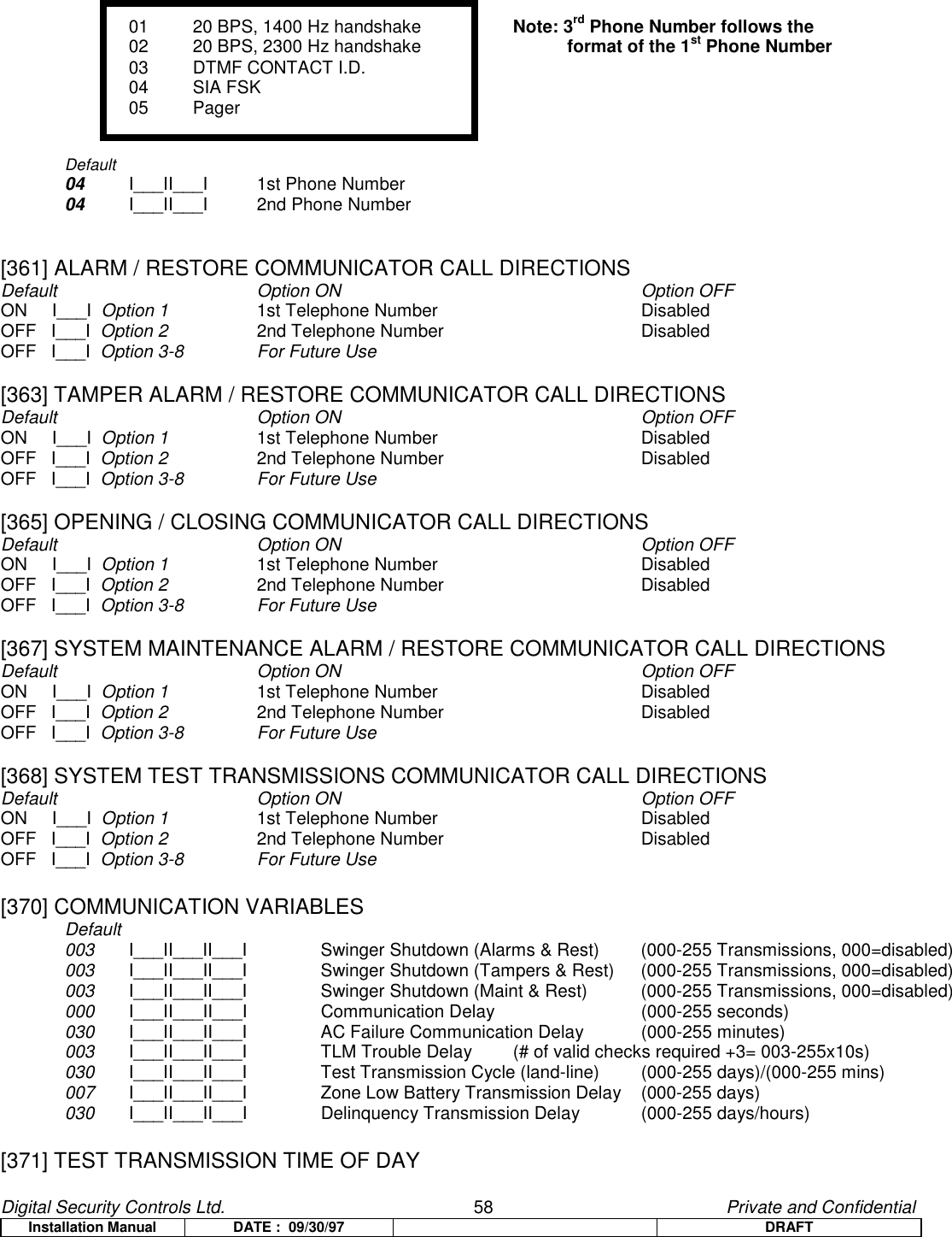 Digital Security Controls Ltd.                   58                                               Private and ConfidentialInstallation Manual DATE :  09/30/97 DRAFT01  20 BPS, 1400 Hz handshake Note: 3rd Phone Number follows the02 20 BPS, 2300 Hz handshake            format of the 1st Phone Number03  DTMF CONTACT I.D. 04 SIA FSK05 PagerDefault04 I___II___I 1st Phone Number04 I___II___I 2nd Phone Number[361] ALARM / RESTORE COMMUNICATOR CALL DIRECTIONSDefault Option ON Option OFFON     I___I  Option 1 1st Telephone Number  DisabledOFF   I___I  Option 2 2nd Telephone Number DisabledOFF   I___I  Option 3-8 For Future Use[363] TAMPER ALARM / RESTORE COMMUNICATOR CALL DIRECTIONSDefault Option ON Option OFFON     I___I  Option 1 1st Telephone Number  DisabledOFF   I___I  Option 2 2nd Telephone Number DisabledOFF   I___I  Option 3-8 For Future Use[365] OPENING / CLOSING COMMUNICATOR CALL DIRECTIONSDefault Option ON Option OFFON     I___I  Option 1 1st Telephone Number  DisabledOFF   I___I  Option 2 2nd Telephone Number DisabledOFF   I___I  Option 3-8 For Future Use[367] SYSTEM MAINTENANCE ALARM / RESTORE COMMUNICATOR CALL DIRECTIONSDefault Option ON Option OFFON     I___I  Option 1 1st Telephone Number  DisabledOFF   I___I  Option 2 2nd Telephone Number DisabledOFF   I___I  Option 3-8 For Future Use[368] SYSTEM TEST TRANSMISSIONS COMMUNICATOR CALL DIRECTIONSDefault Option ON Option OFFON     I___I  Option 1 1st Telephone Number DisabledOFF   I___I  Option 2 2nd Telephone Number DisabledOFF   I___I  Option 3-8 For Future Use[370] COMMUNICATION VARIABLESDefault003 I___II___II___I   Swinger Shutdown (Alarms &amp; Rest) (000-255 Transmissions, 000=disabled)003 I___II___II___I Swinger Shutdown (Tampers &amp; Rest) (000-255 Transmissions, 000=disabled)003 I___II___II___I Swinger Shutdown (Maint &amp; Rest) (000-255 Transmissions, 000=disabled)000 I___II___II___I Communication Delay  (000-255 seconds)030 I___II___II___I AC Failure Communication Delay  (000-255 minutes)003 I___II___II___I TLM Trouble Delay  (# of valid checks required +3= 003-255x10s)030 I___II___II___I Test Transmission Cycle (land-line) (000-255 days)/(000-255 mins)007 I___II___II___I Zone Low Battery Transmission Delay  (000-255 days)030 I___II___II___I Delinquency Transmission Delay (000-255 days/hours)[371] TEST TRANSMISSION TIME OF DAY